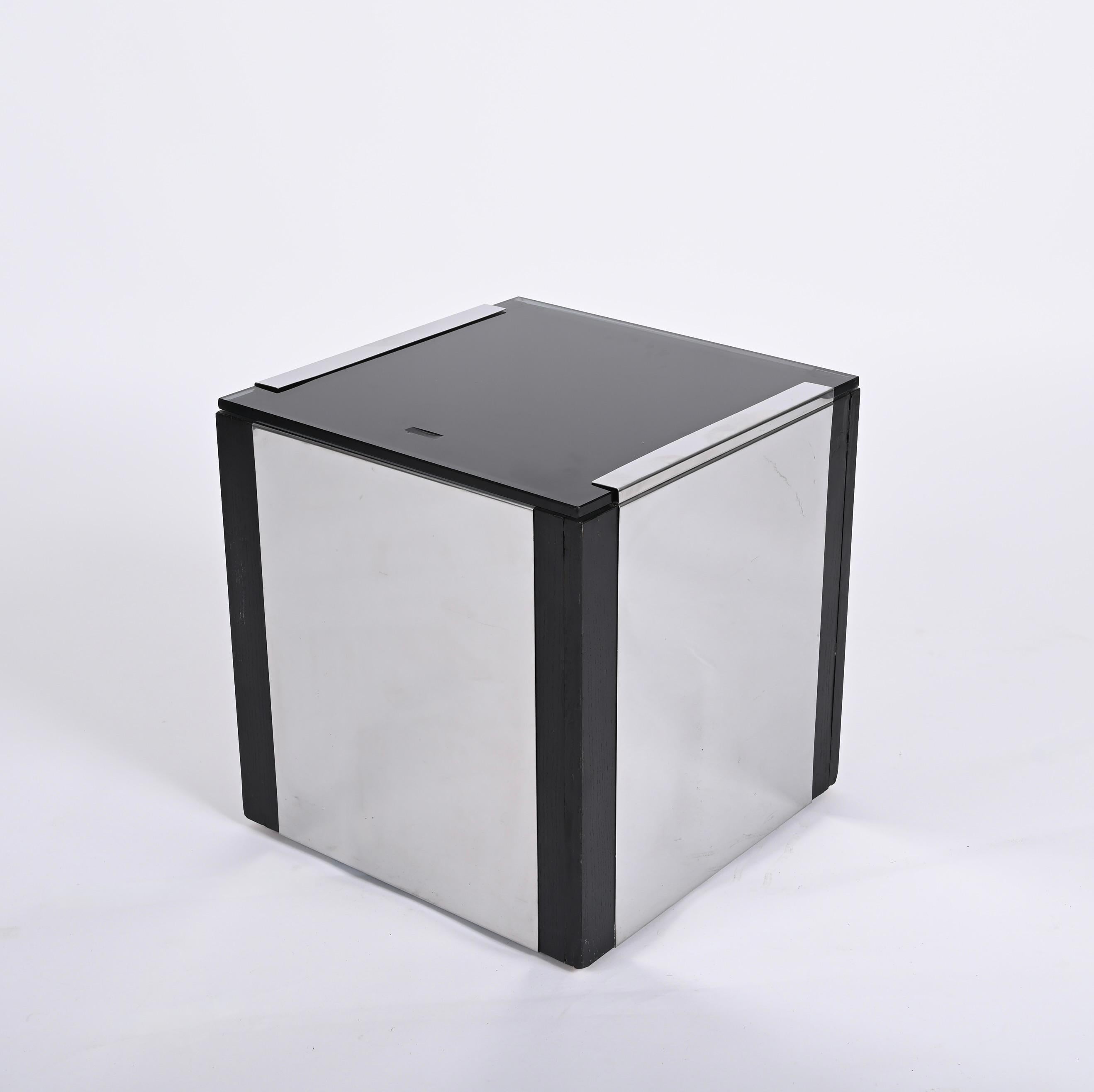 Willy Rizzo Midcentury Cubic Chromed Steel, Wood and Glass Dry Bar, Italy 1970s For Sale 1