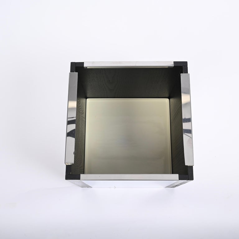 Willy Rizzo Midcentury Cubic Chromed Steel, Wood and Glass Dry Bar, Italy 1970s For Sale 1