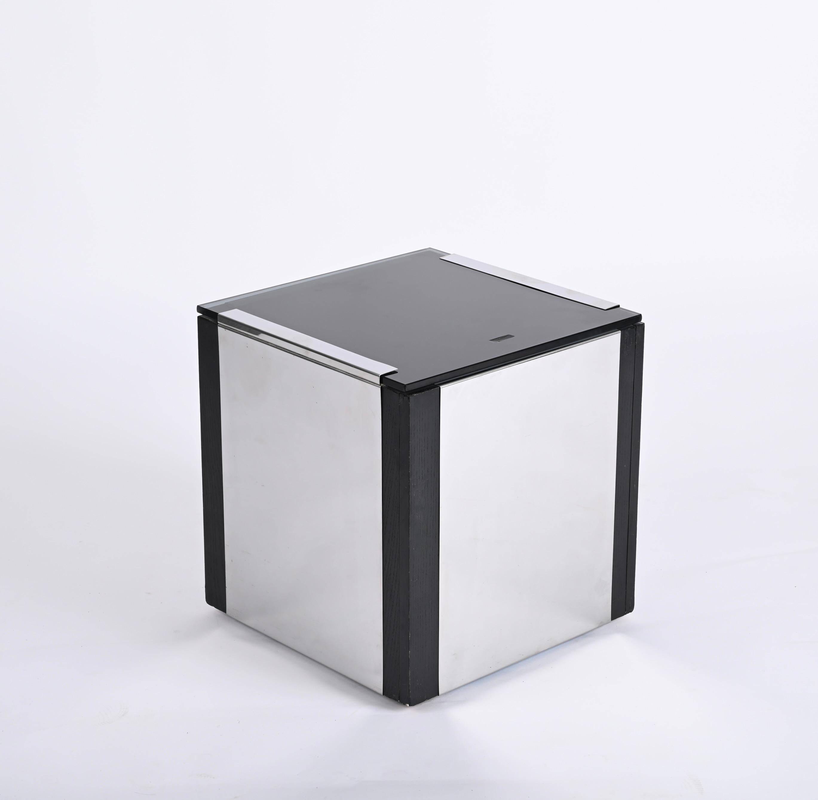 Willy Rizzo Midcentury Cubic Chromed Steel, Wood and Glass Dry Bar, Italy 1970s For Sale 4