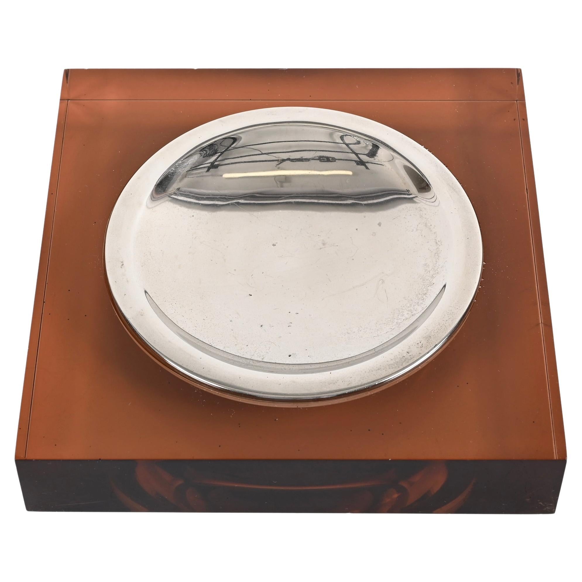 Willy Rizzo Mid-Century Dark Amber Lucite and Chrome Italian Ashtray, 1970s For Sale