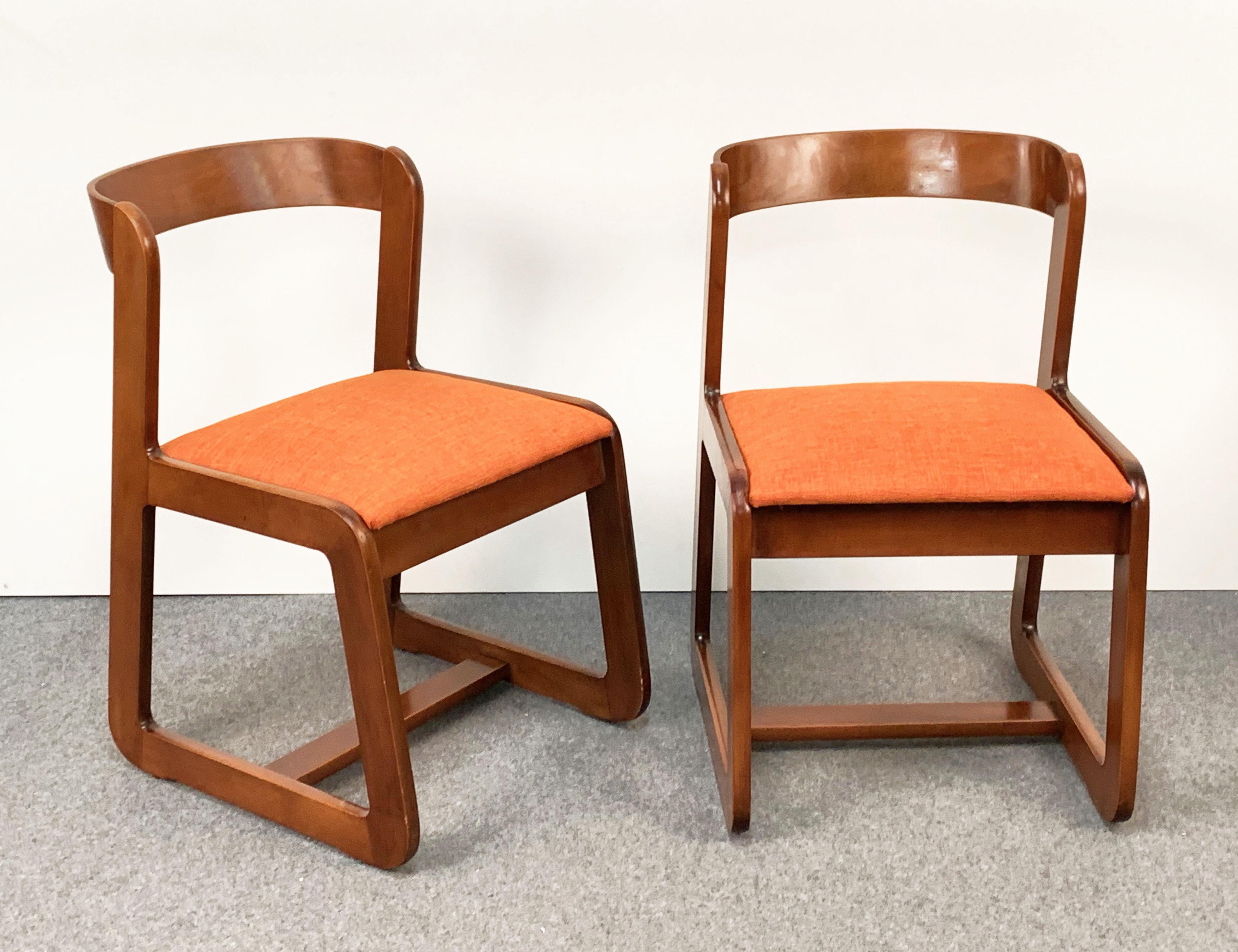 Willy Rizzo Midcentury Italian Wooden and Orange Fabric Chairs, Mario Sabot 1970 6