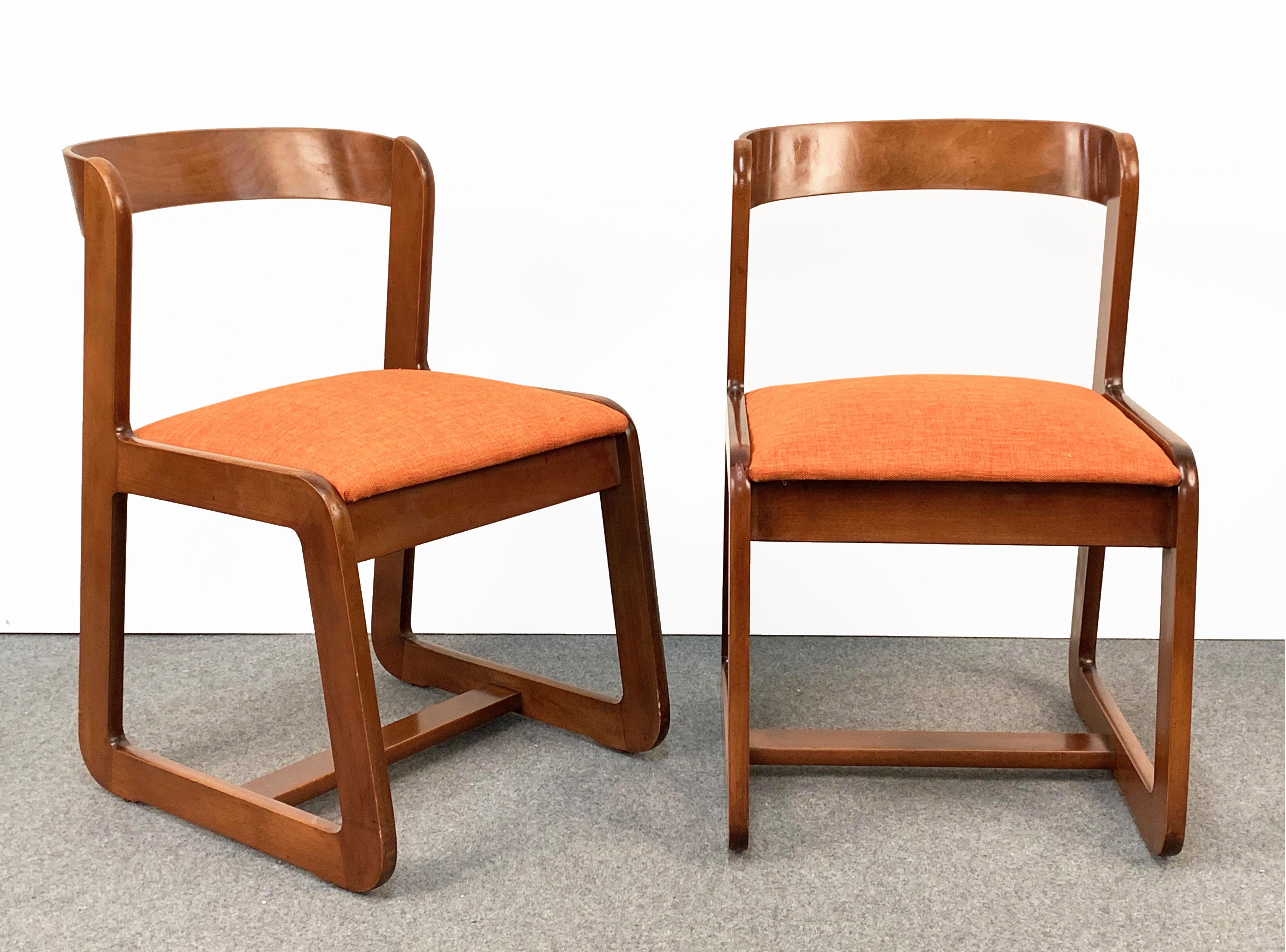 Willy Rizzo Midcentury Italian Wooden and Orange Fabric Chairs, Mario Sabot 1970 7