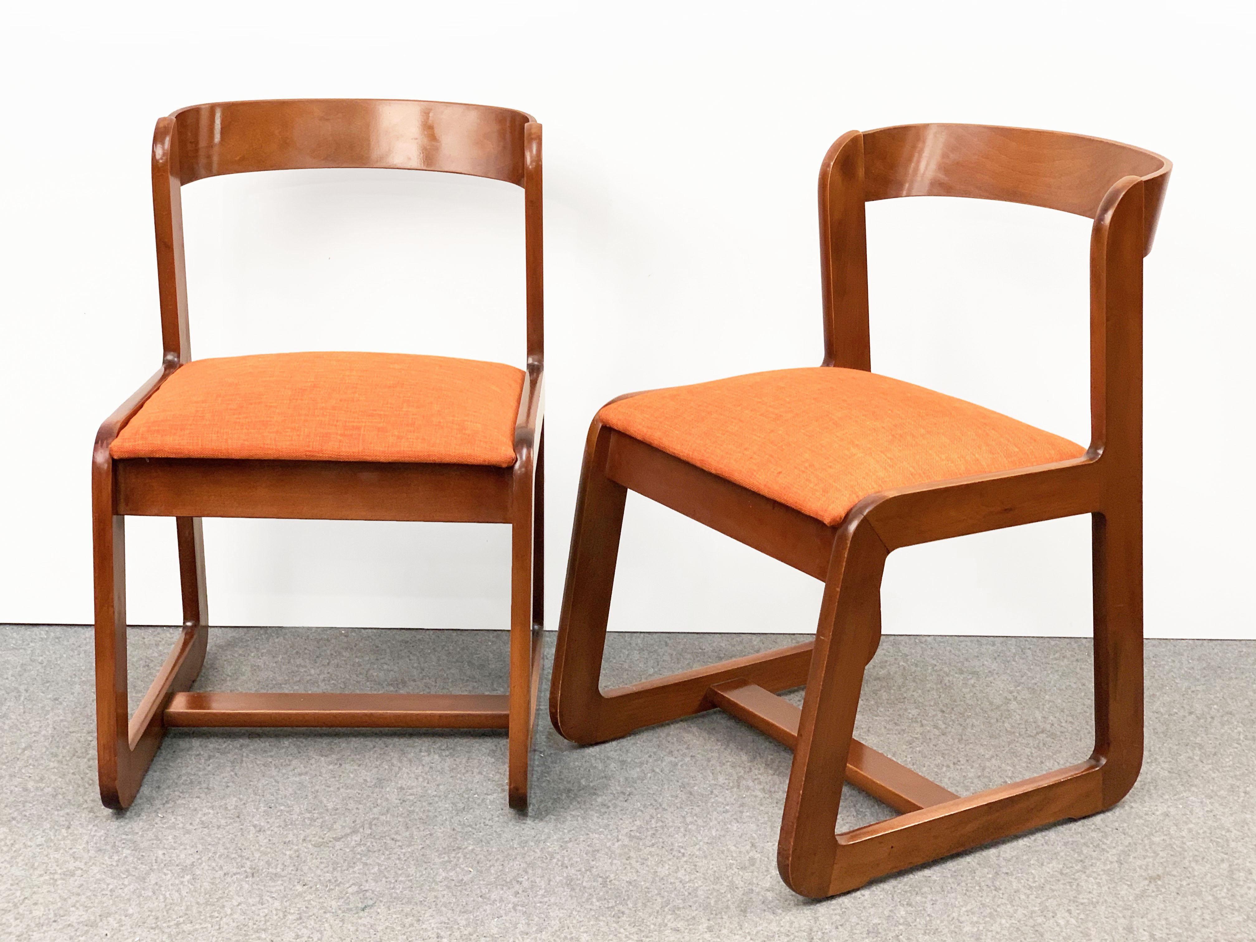Willy Rizzo Midcentury Italian Wooden and Orange Fabric Chairs, Mario Sabot 1970 11