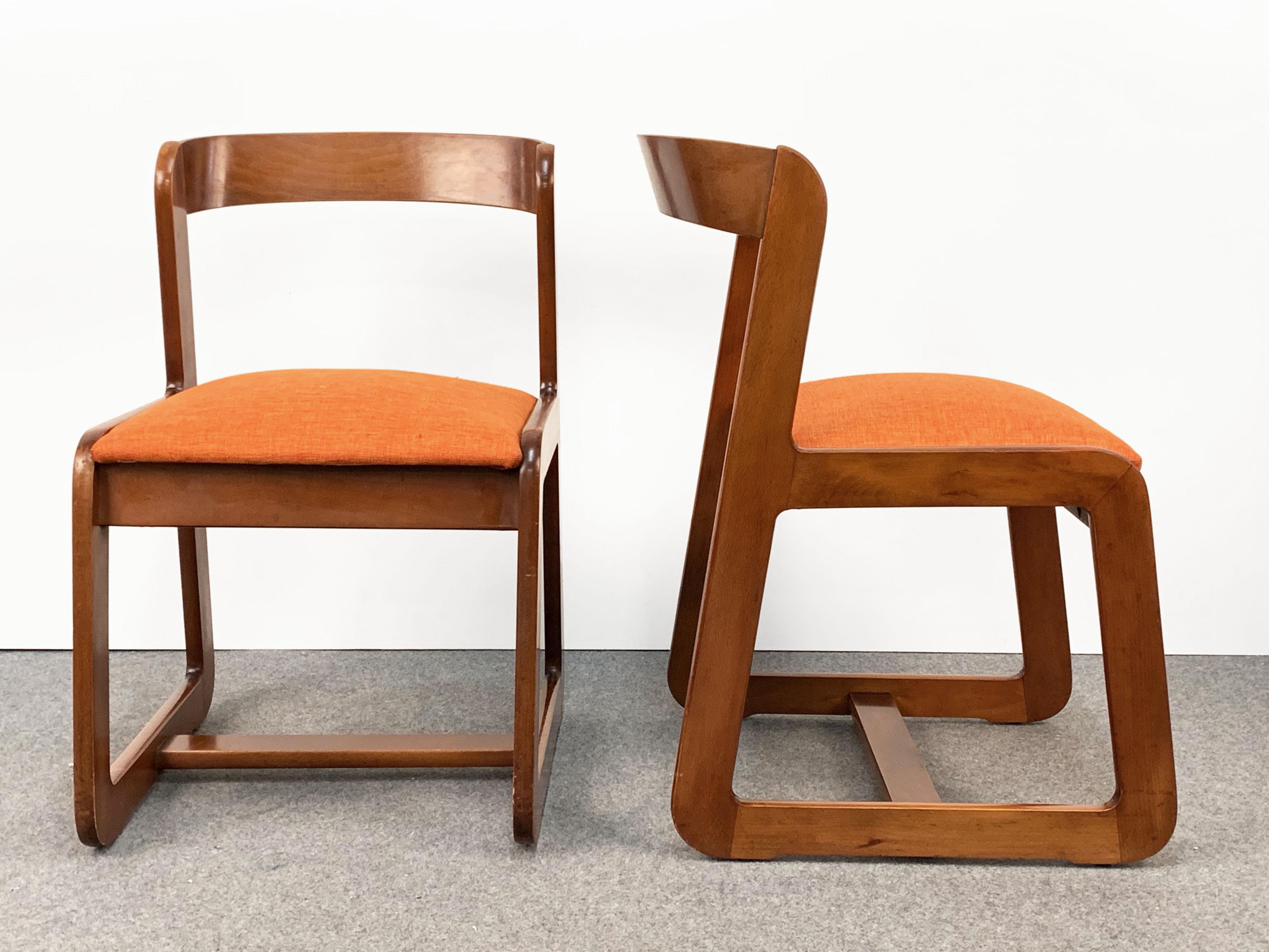 Mid-Century Modern Willy Rizzo Midcentury Italian Wooden and Orange Fabric Chairs, Mario Sabot 1970
