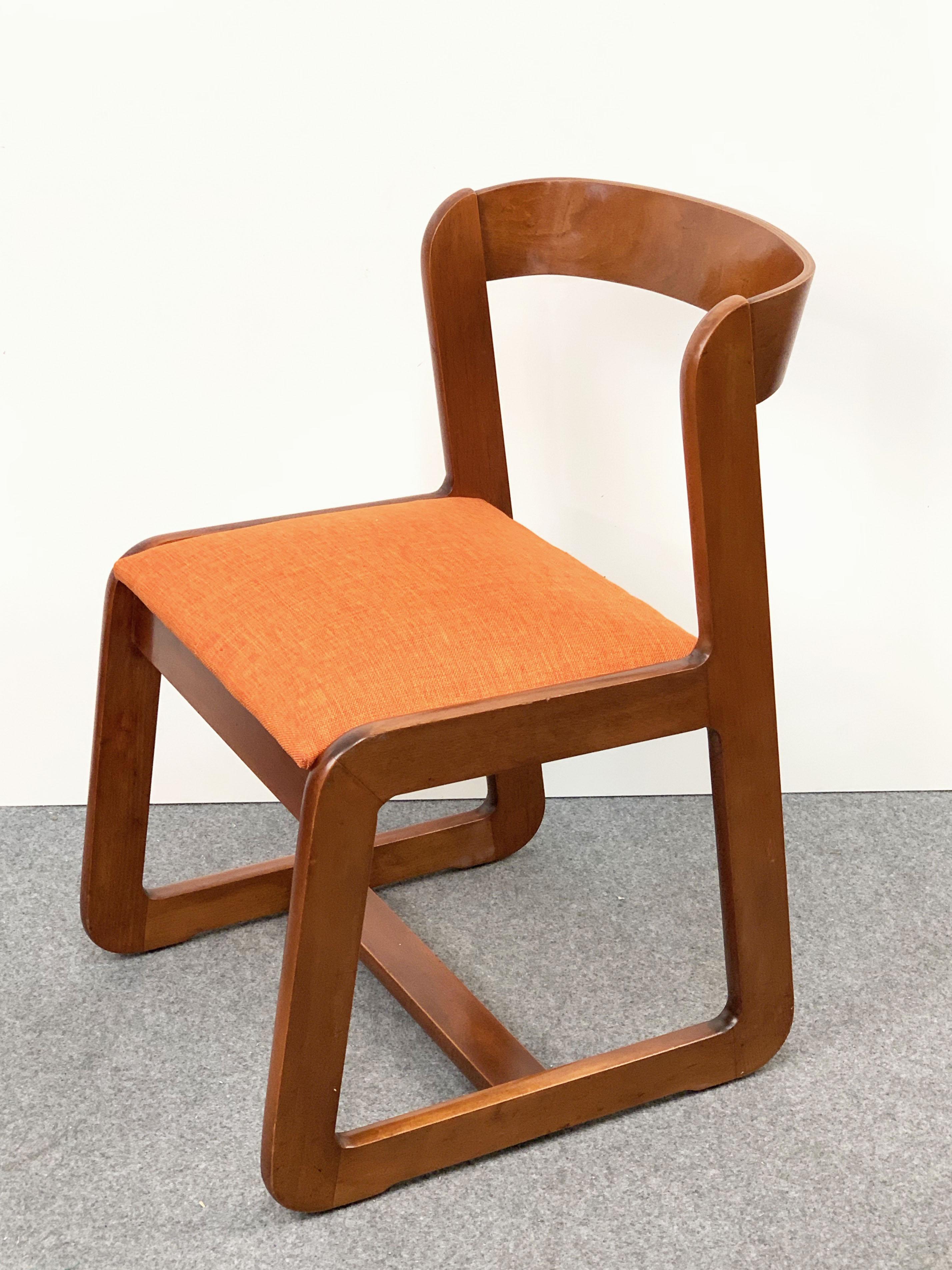 Willy Rizzo Midcentury Italian Wooden and Orange Fabric Chairs, Mario Sabot 1970 1