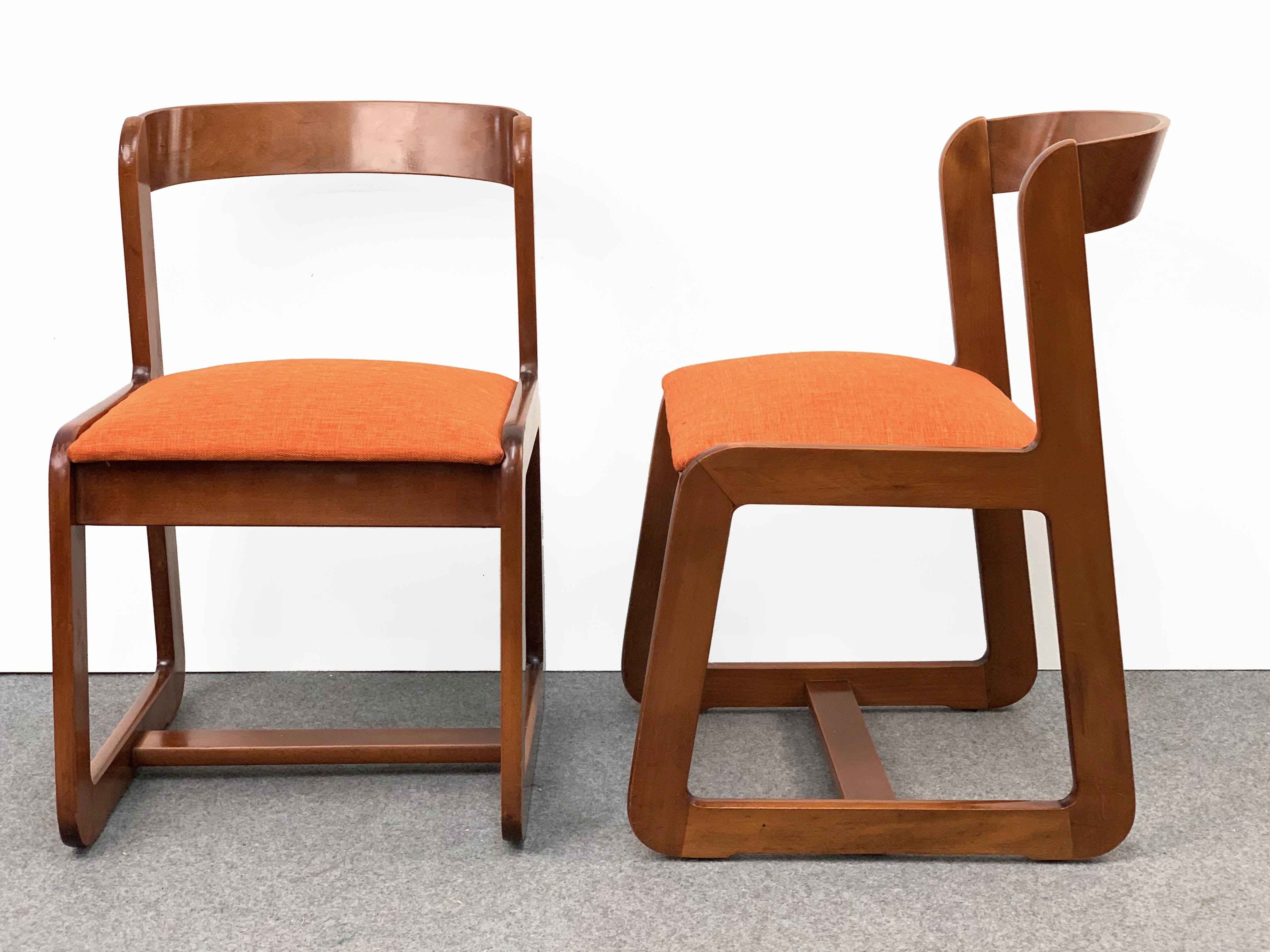 Willy Rizzo Midcentury Italian Wooden and Orange Fabric Chairs, Mario Sabot 1970 3