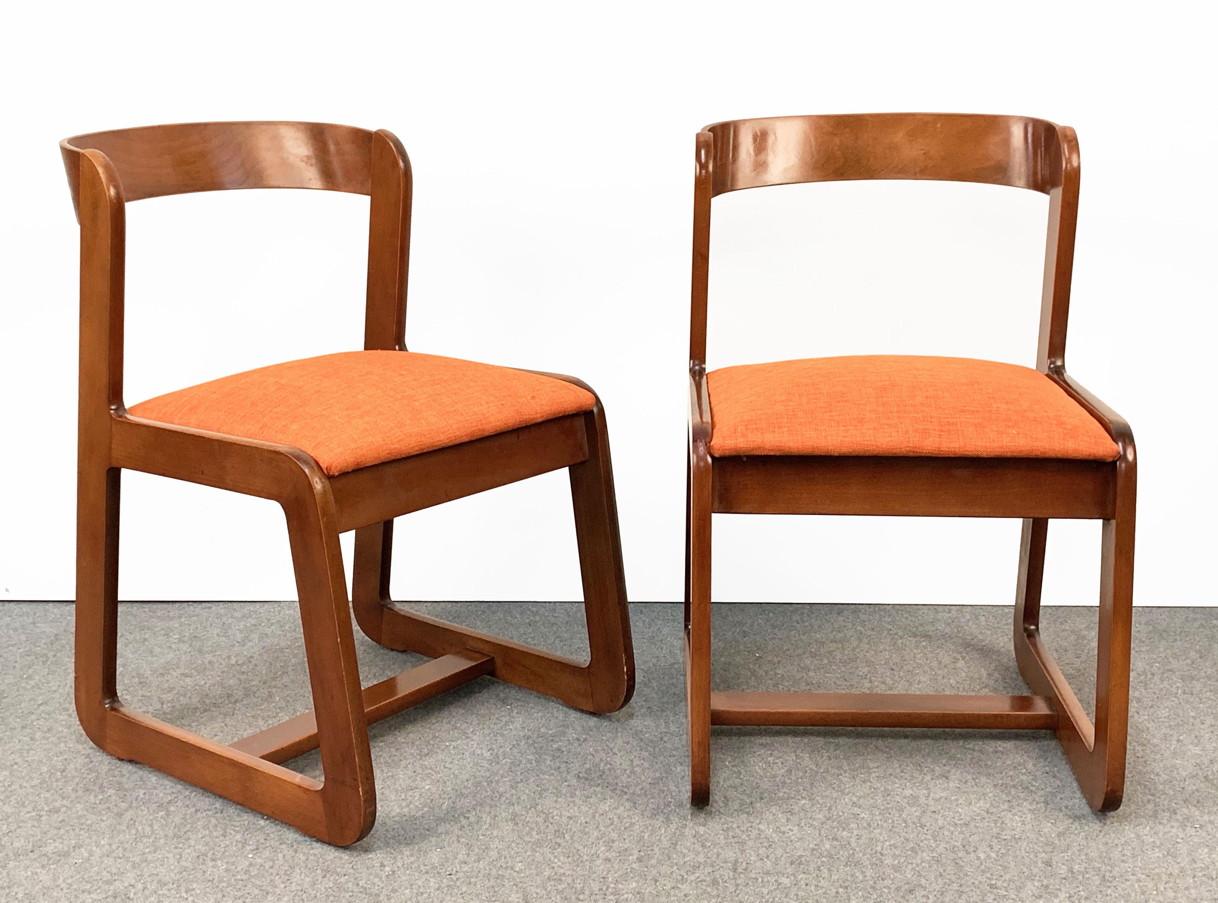 Willy Rizzo Midcentury Italian Wooden and Orange Fabric Chairs, Mario Sabot 1970 4