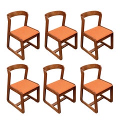 Willy Rizzo Midcentury Italian Wooden and Orange Fabric Chairs, Mario Sabot 1970