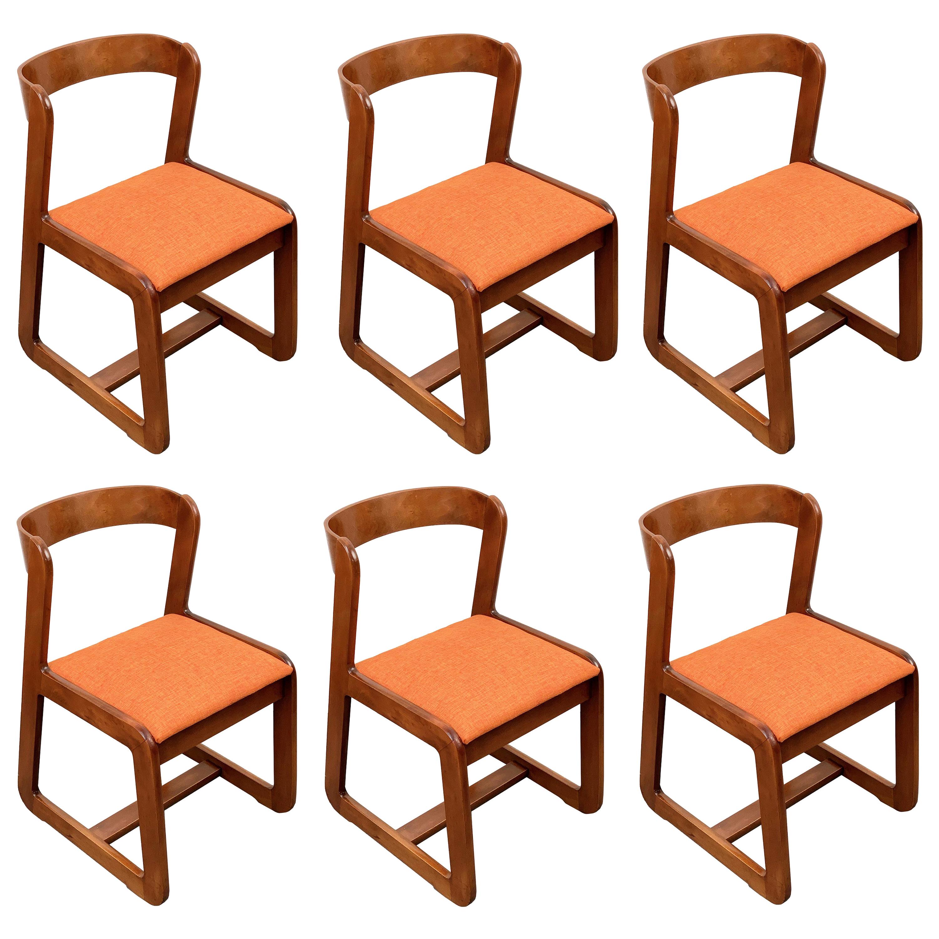 Willy Rizzo Midcentury Italian Wooden and Orange Fabric Chairs, Mario Sabot 1970