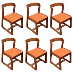 Retro Willy Rizzo Midcentury Italian Wooden and Orange Fabric Chairs, Mario Sabot 1970