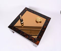 Mid-Century Lucite Tortoiseshell Coffe Table Bronzed Mirror Top, Italy 1970s