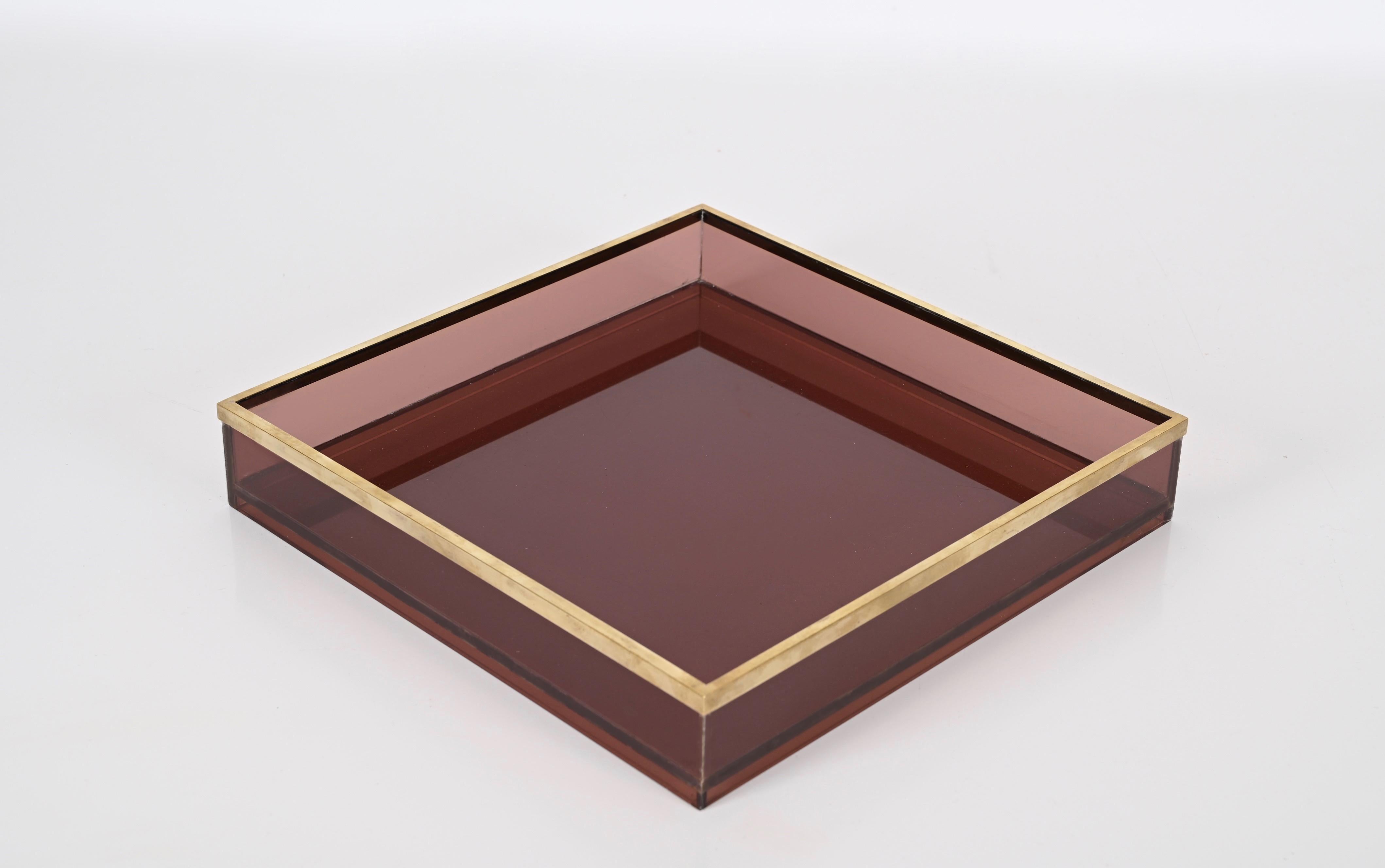 Willy Rizzo Midcentury Pink Lucite and Brass Italian Square Serving Tray, 1970s For Sale 5