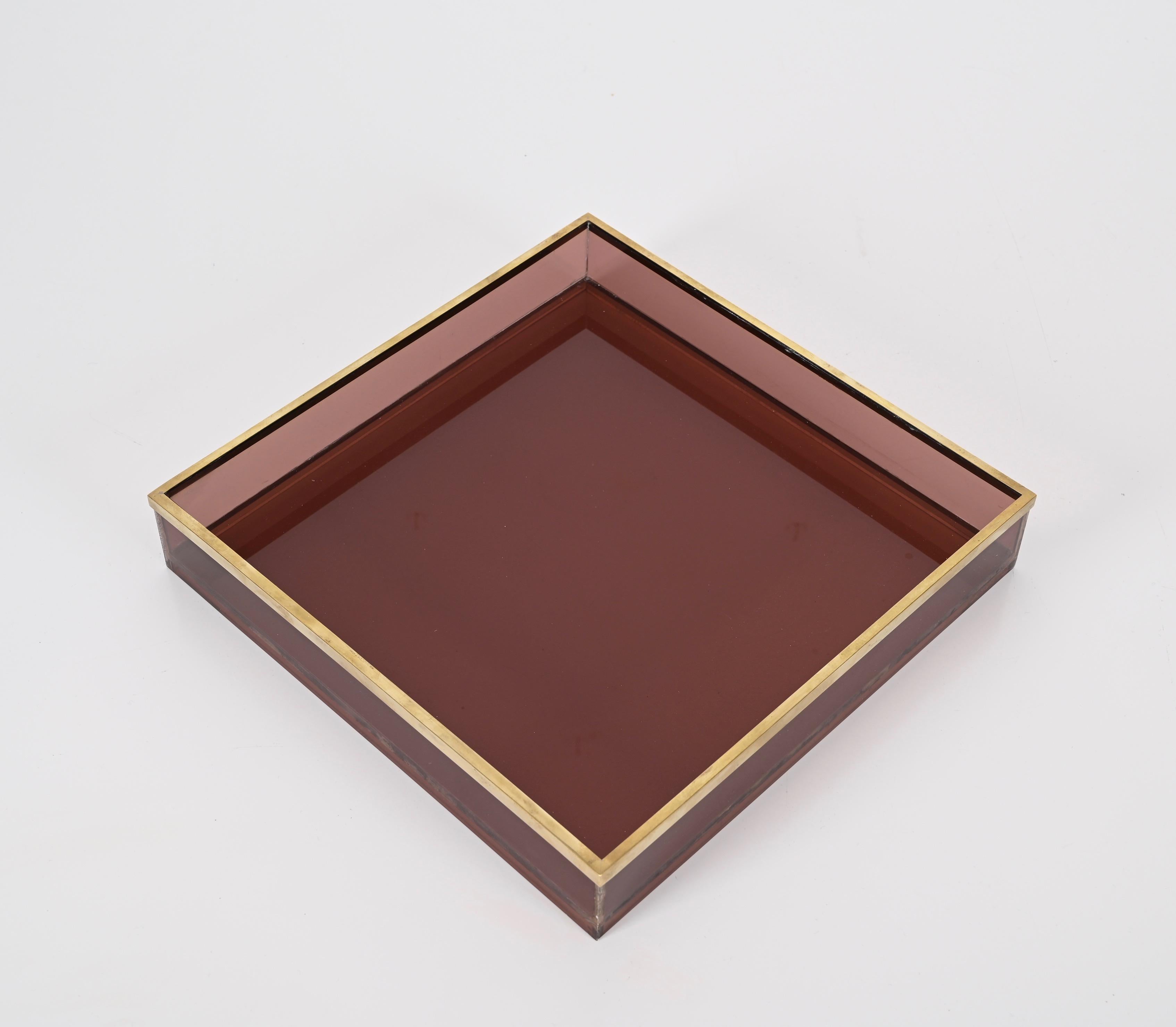 Willy Rizzo Midcentury Pink Lucite and Brass Italian Square Serving Tray, 1970s For Sale 7