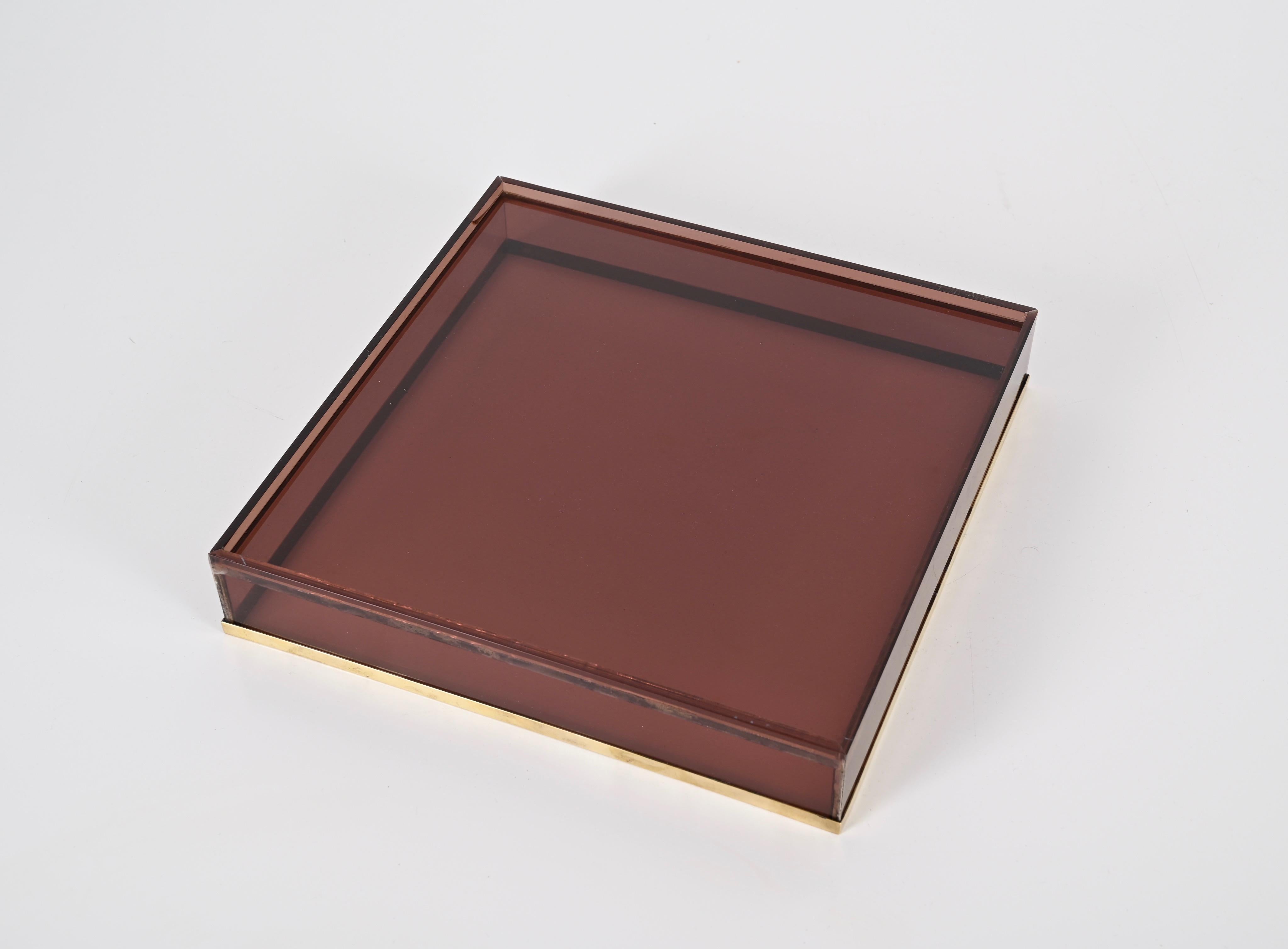 Willy Rizzo Midcentury Pink Lucite and Brass Italian Square Serving Tray, 1970s For Sale 8