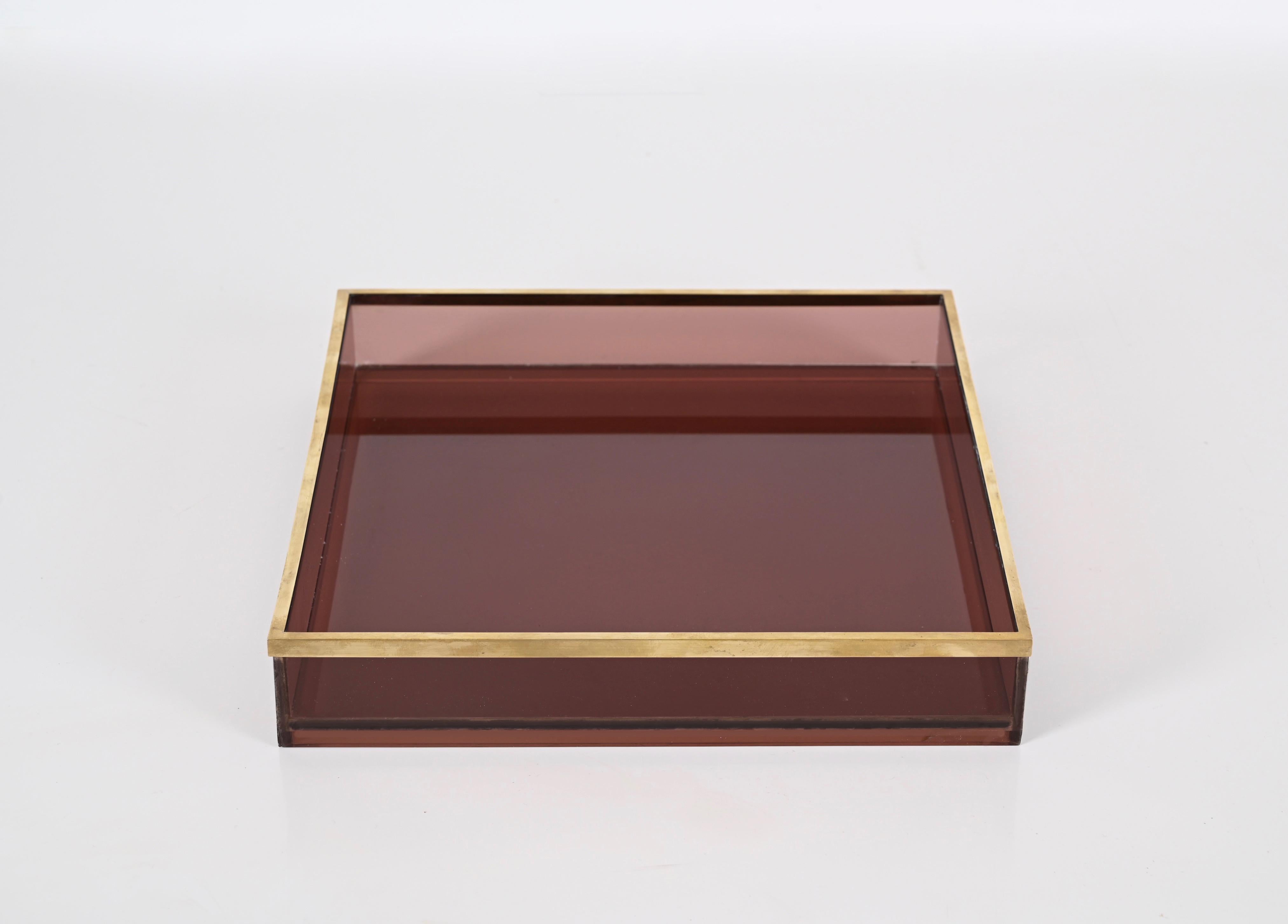 20th Century Willy Rizzo Midcentury Pink Lucite and Brass Italian Square Serving Tray, 1970s For Sale