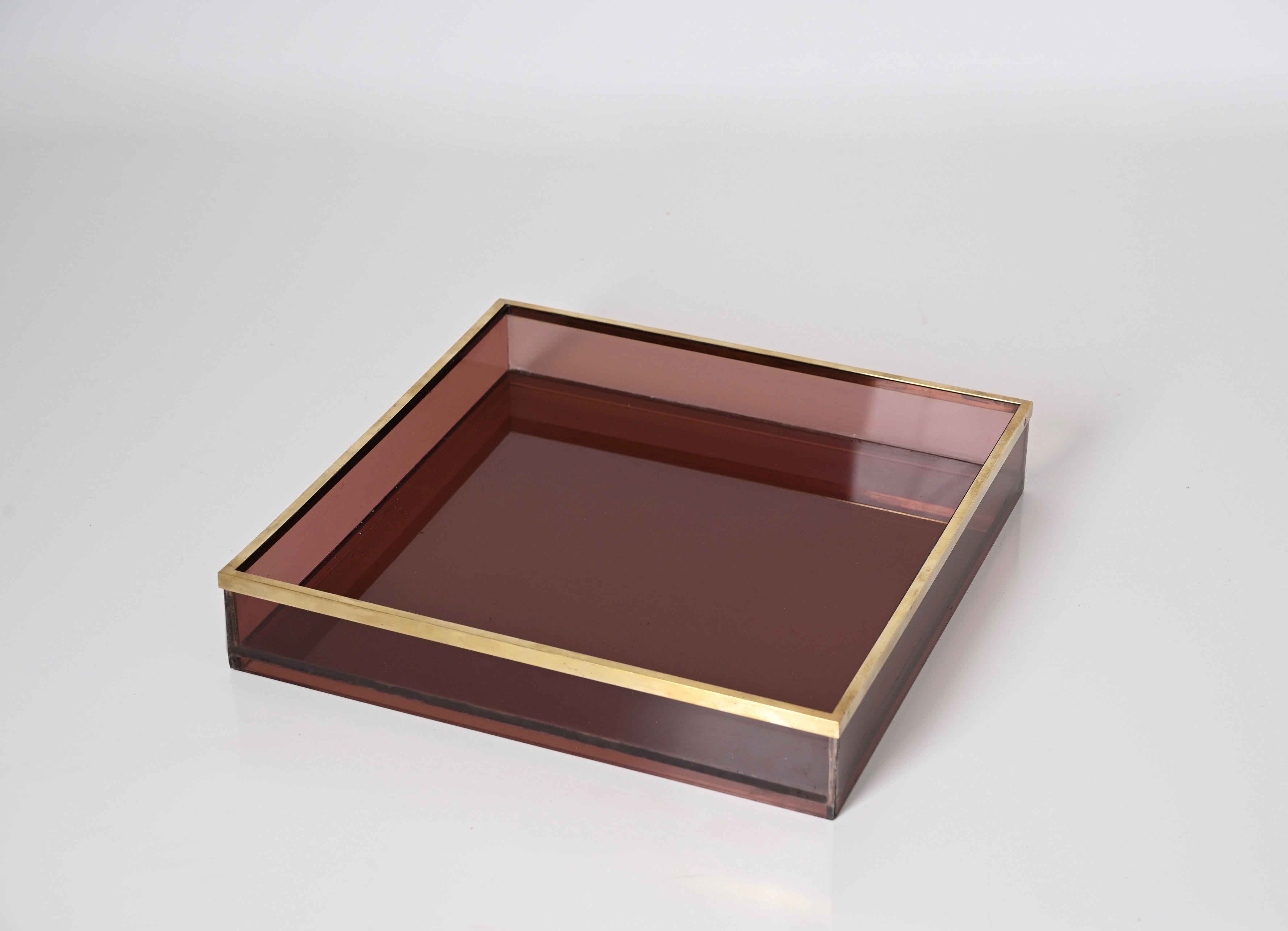 Willy Rizzo Midcentury Pink Lucite and Brass Italian Square Serving Tray, 1970s For Sale 4