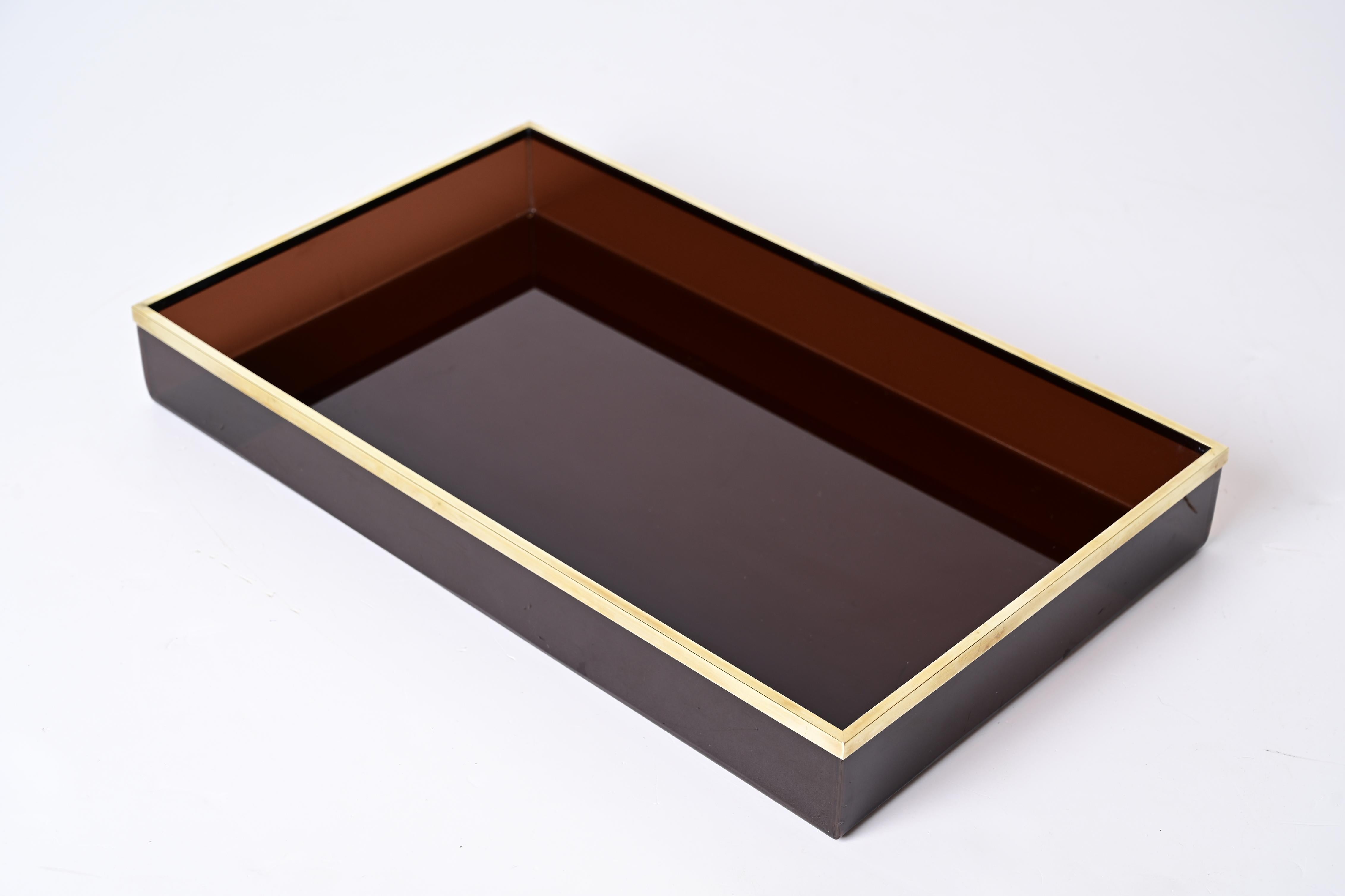 Willy Rizzo Midcentury Smoked Lucite and Brass Italian Serving Tray, 1970s 6