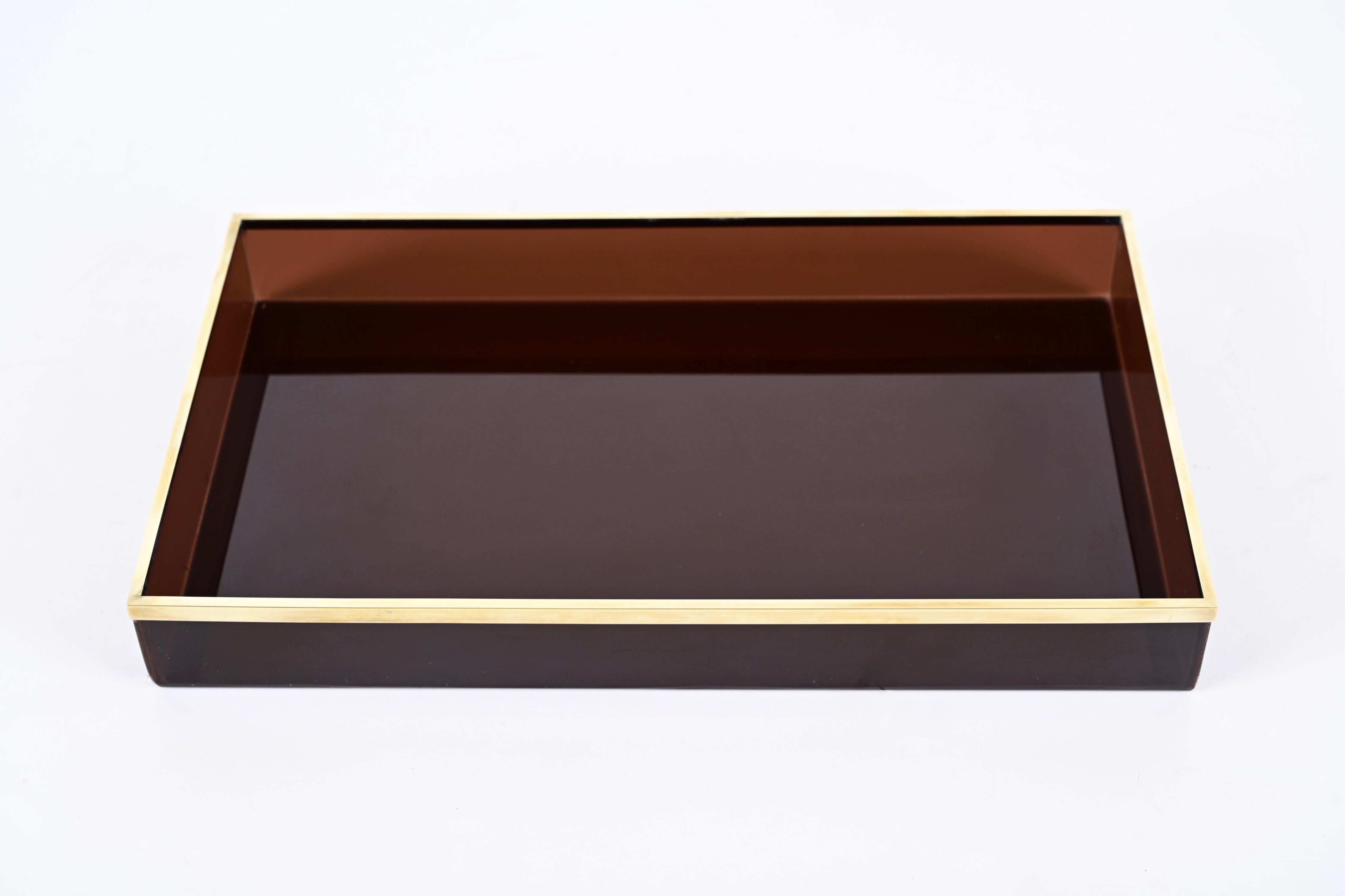 Mid-Century Modern Willy Rizzo Midcentury Smoked Lucite and Brass Italian Serving Tray, 1970s
