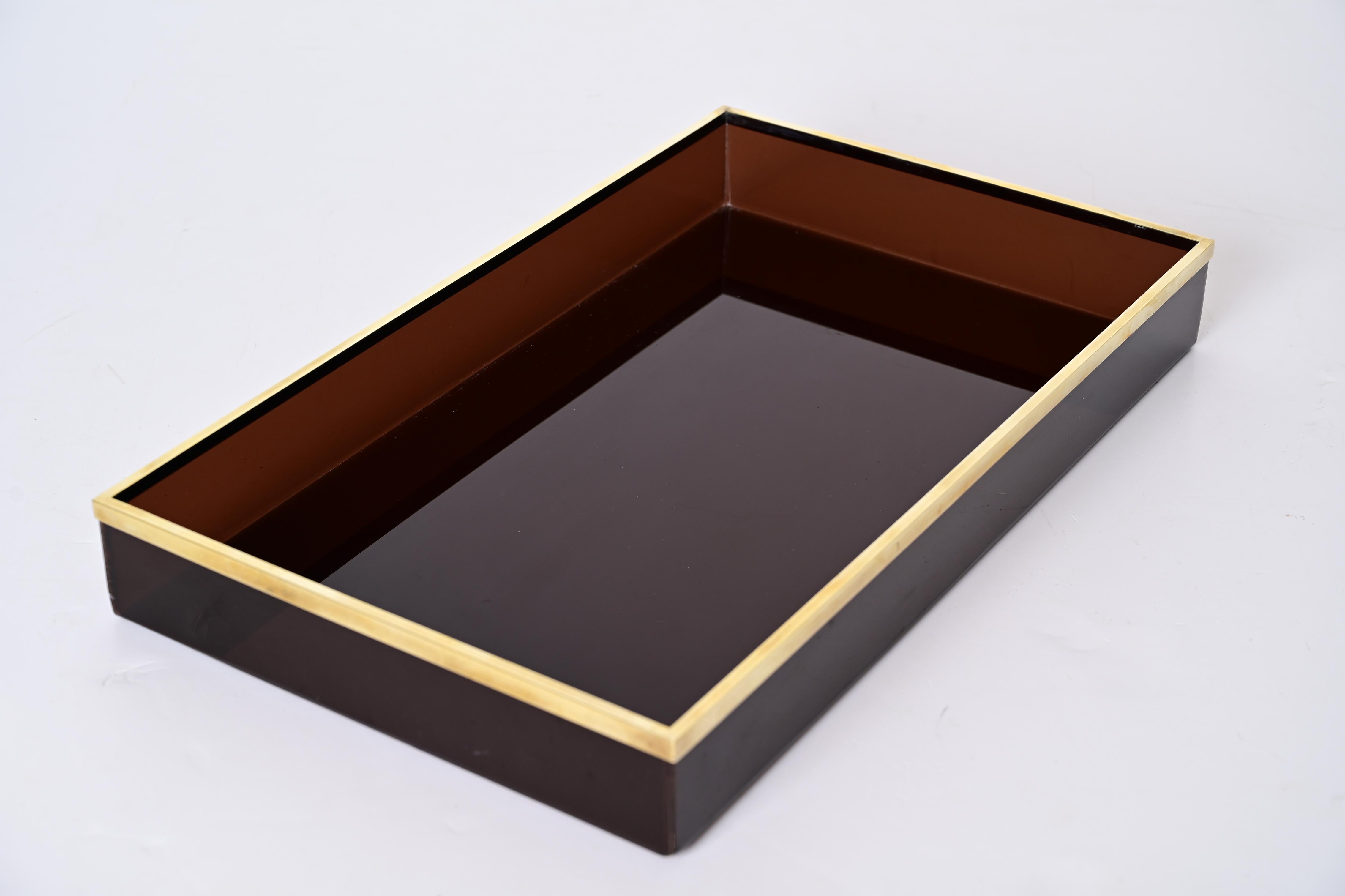 20th Century Willy Rizzo Midcentury Smoked Lucite and Brass Italian Serving Tray, 1970s