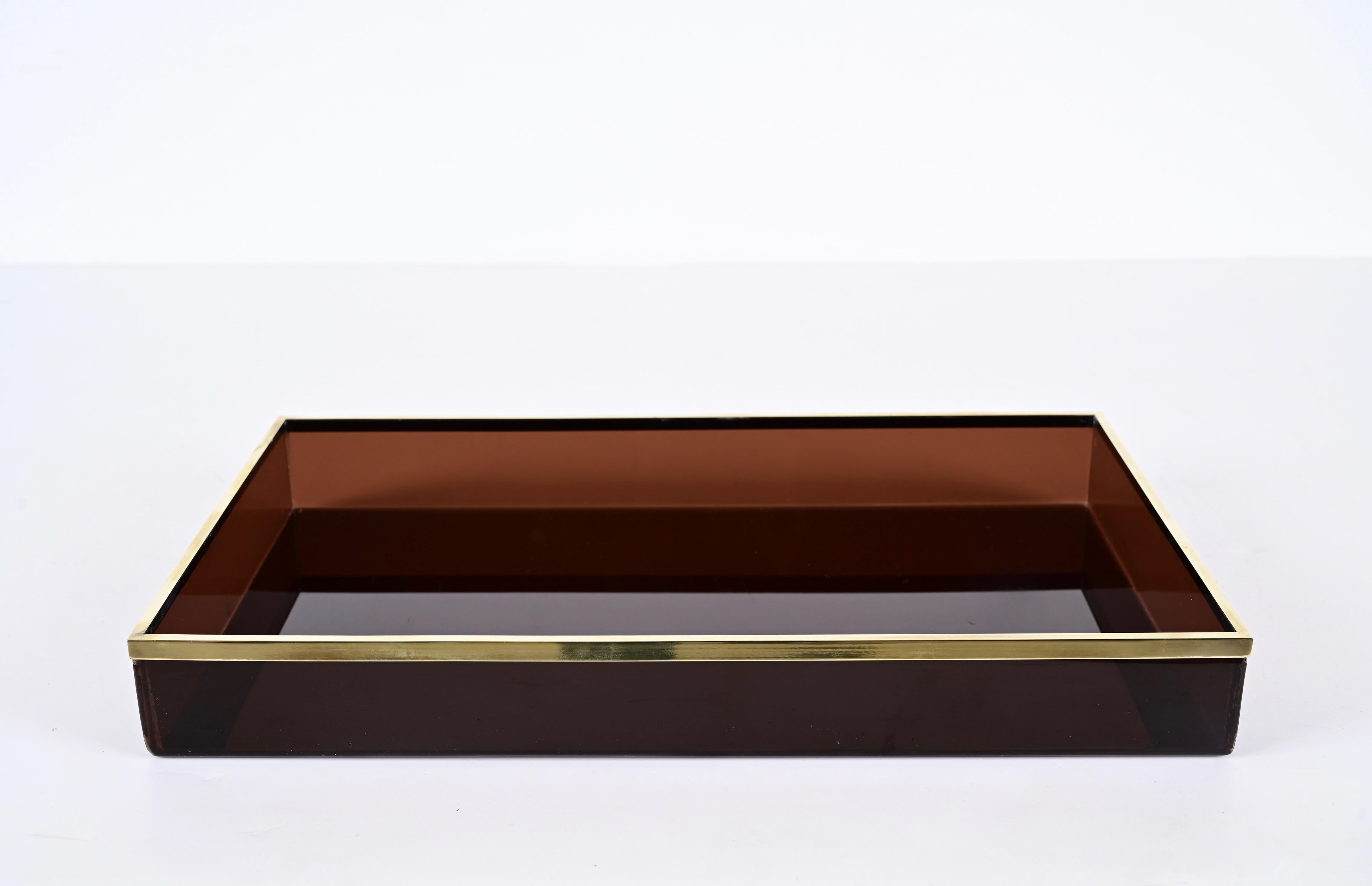 Willy Rizzo Midcentury Smoked Lucite and Brass Italian Serving Tray, 1970s 1