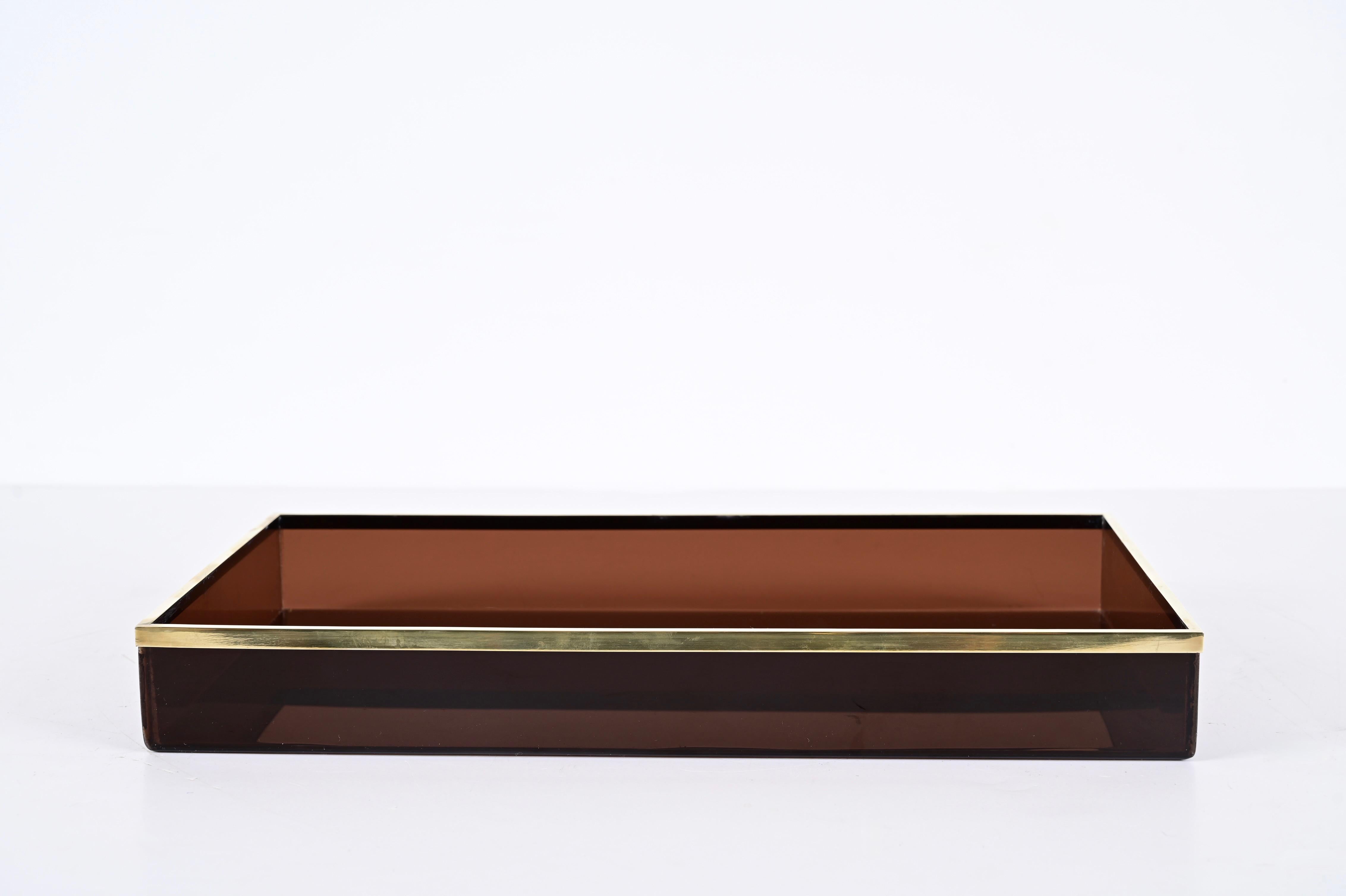 Willy Rizzo Midcentury Smoked Lucite and Brass Italian Serving Tray, 1970s 2