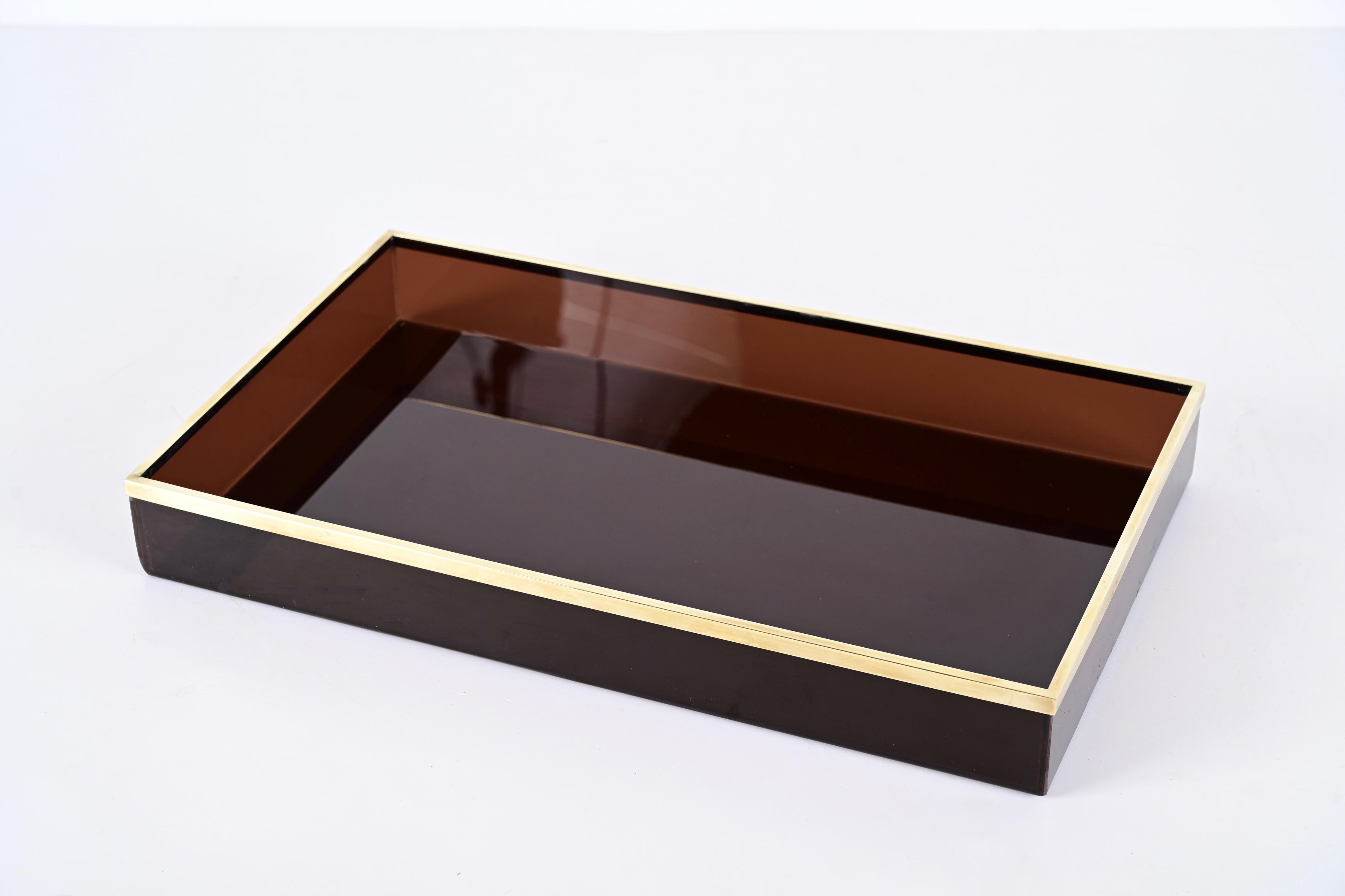 Willy Rizzo Midcentury Smoked Lucite and Brass Italian Serving Tray, 1970s 3