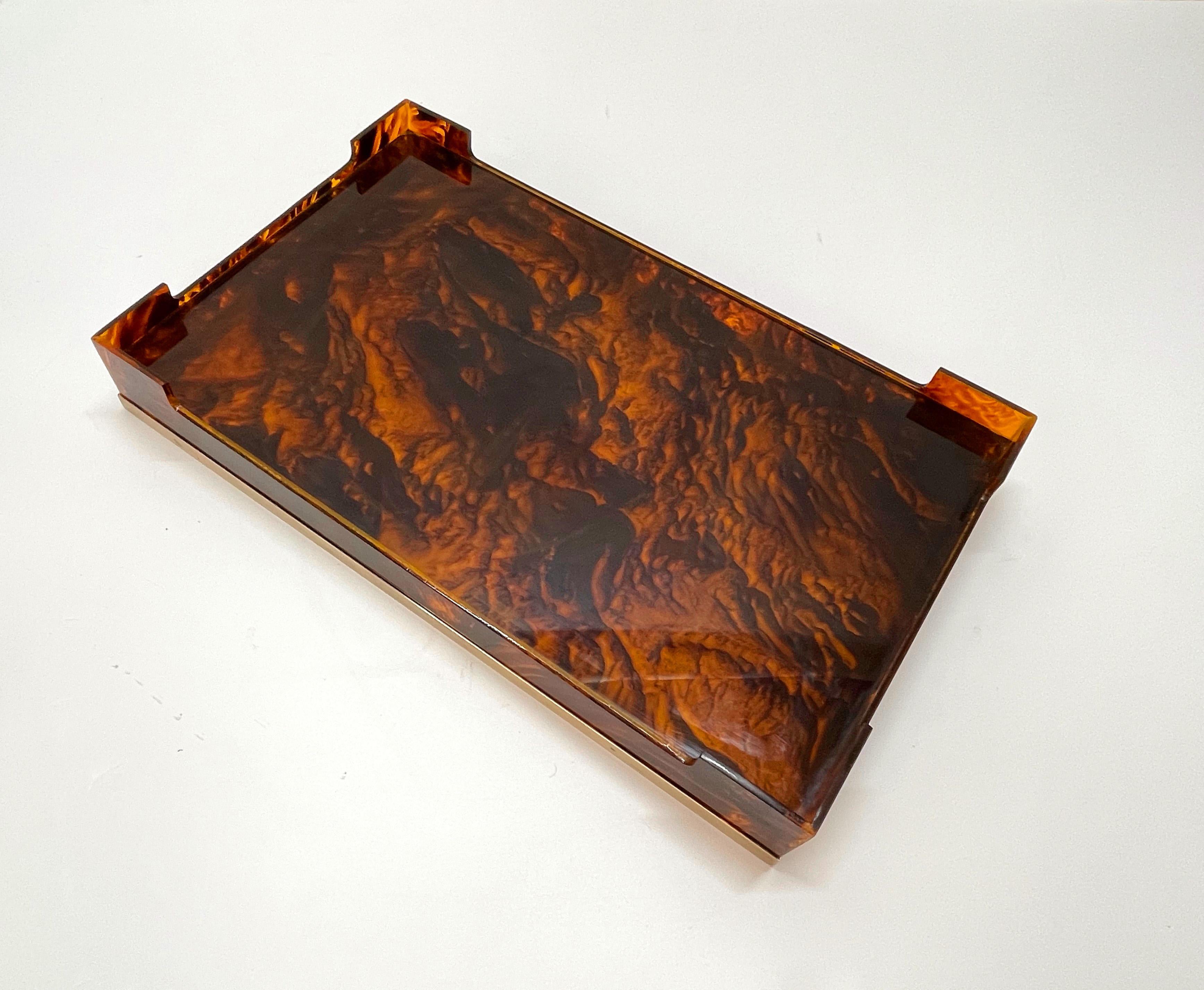 Willy Rizzo Midcentury Tortoiseshell Lucite and Brass Italian Serving Tray 1970s 4