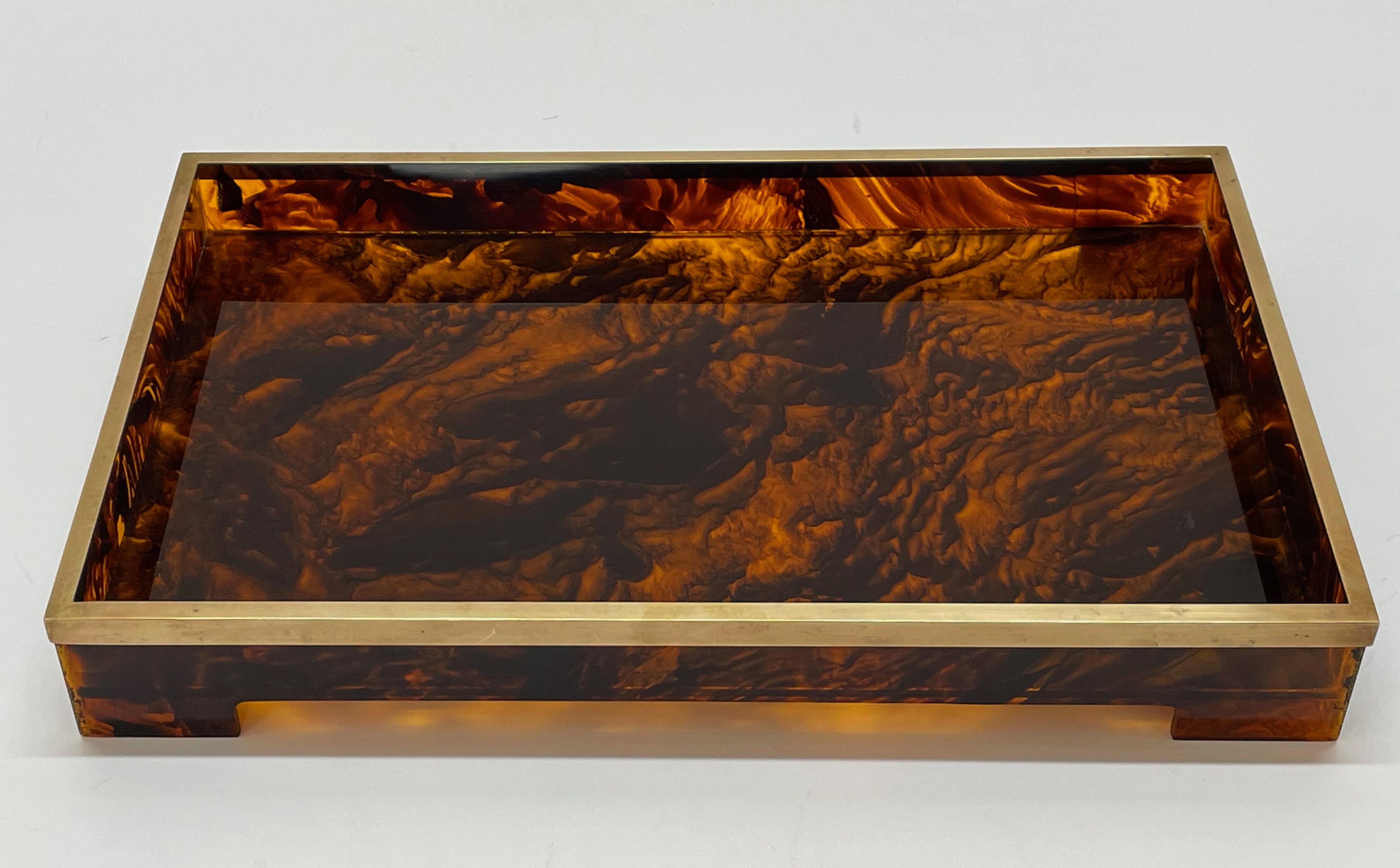 Willy Rizzo Midcentury Tortoiseshell Lucite and Brass Italian Serving Tray 1970s 5
