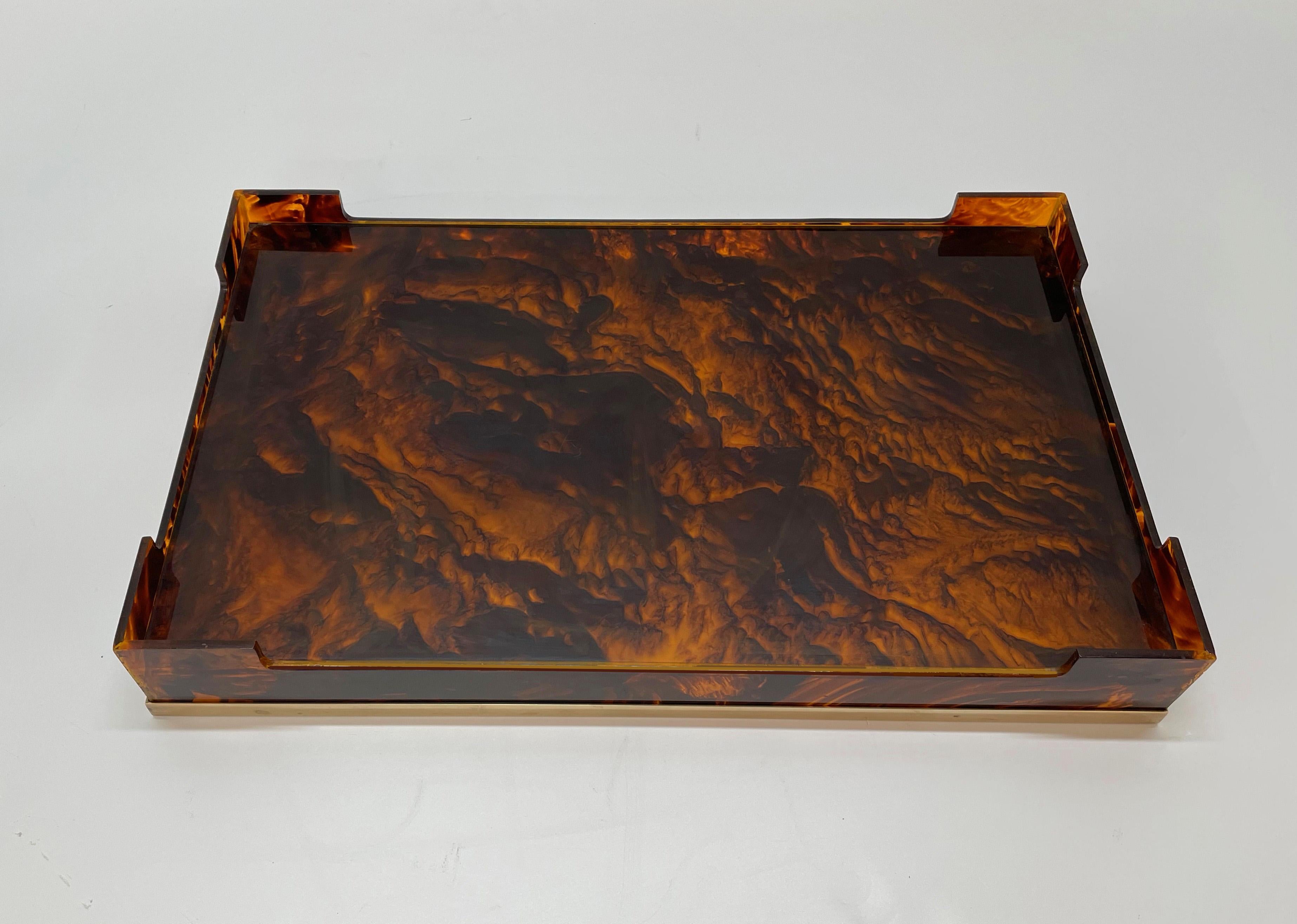 Willy Rizzo Midcentury Tortoiseshell Lucite and Brass Italian Serving Tray 1970s 10