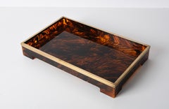 Willy Rizzo Midcentury Tortoiseshell Lucite and Brass Italian Serving Tray 1970s