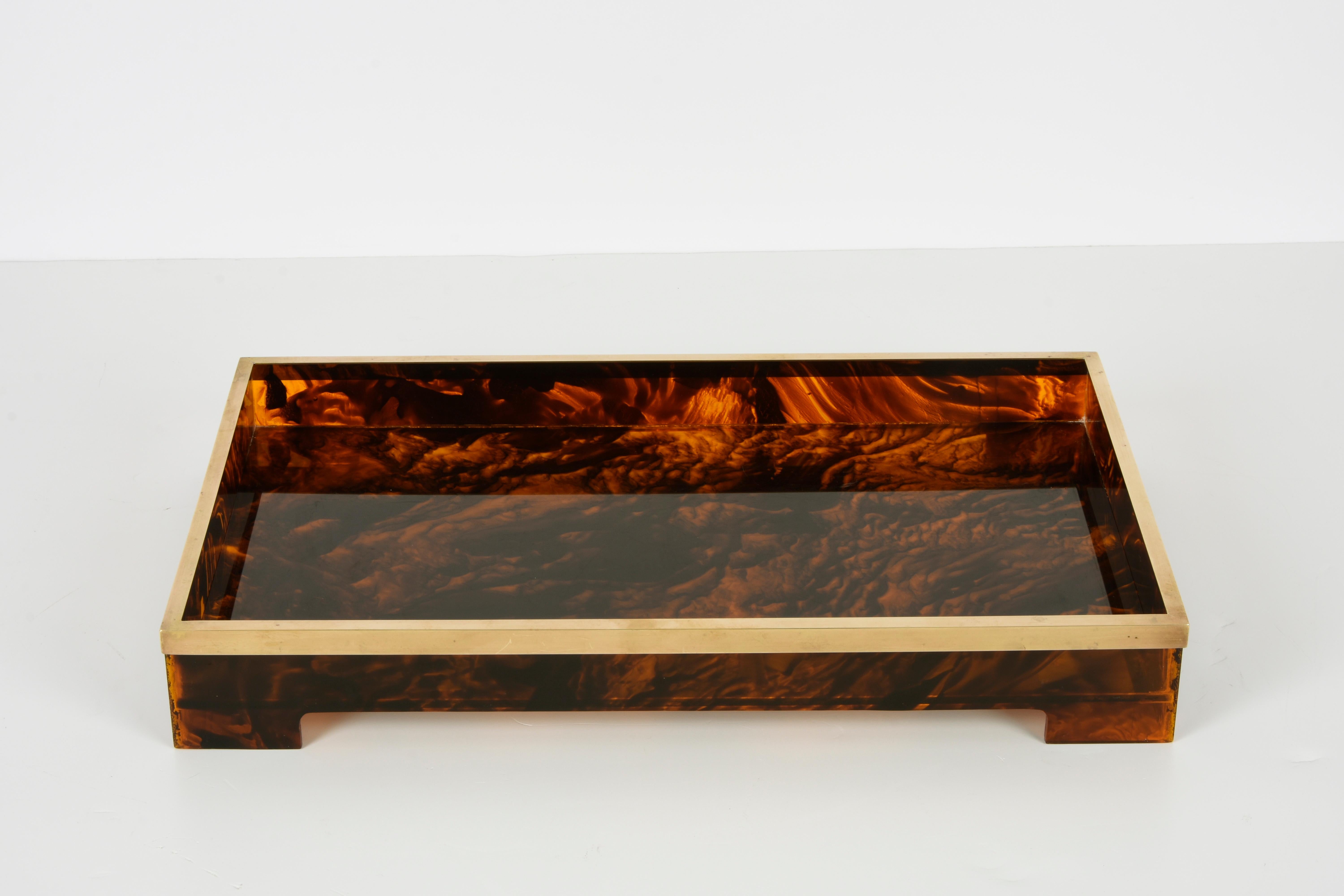 Willy Rizzo Midcentury Tortoiseshell Lucite and Brass Italian Serving Tray 1970s 2