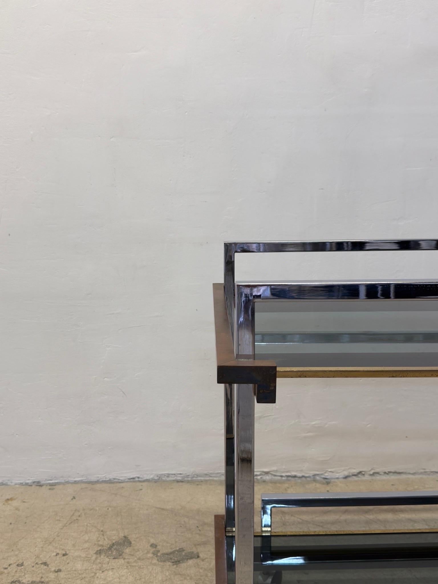 Willy Rizzo Mixed Metal Two Level Smoked Glass Bar Cart or Trolley, Italy 1970s For Sale 4