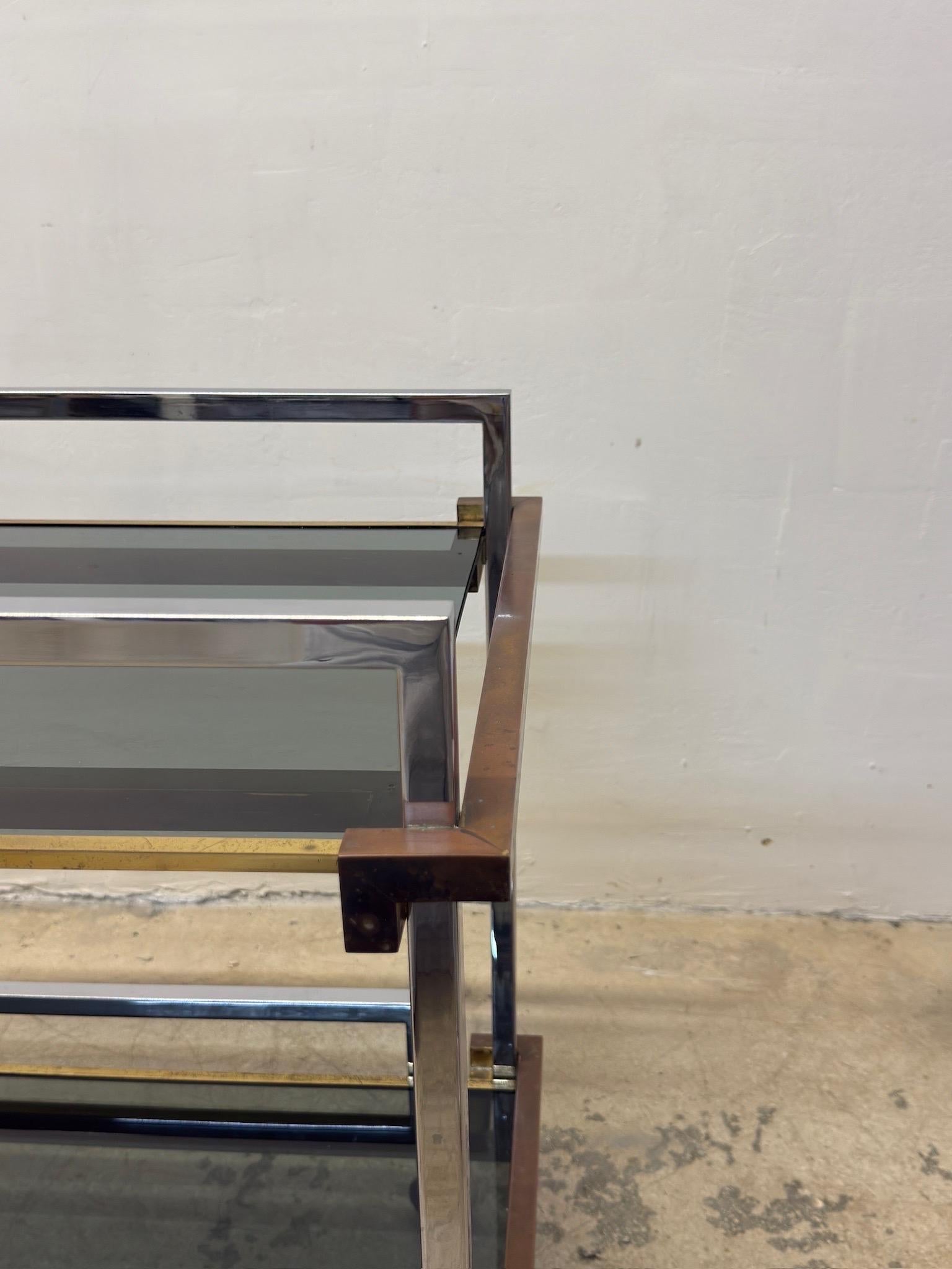 Willy Rizzo Mixed Metal Two Level Smoked Glass Bar Cart or Trolley, Italy 1970s For Sale 6