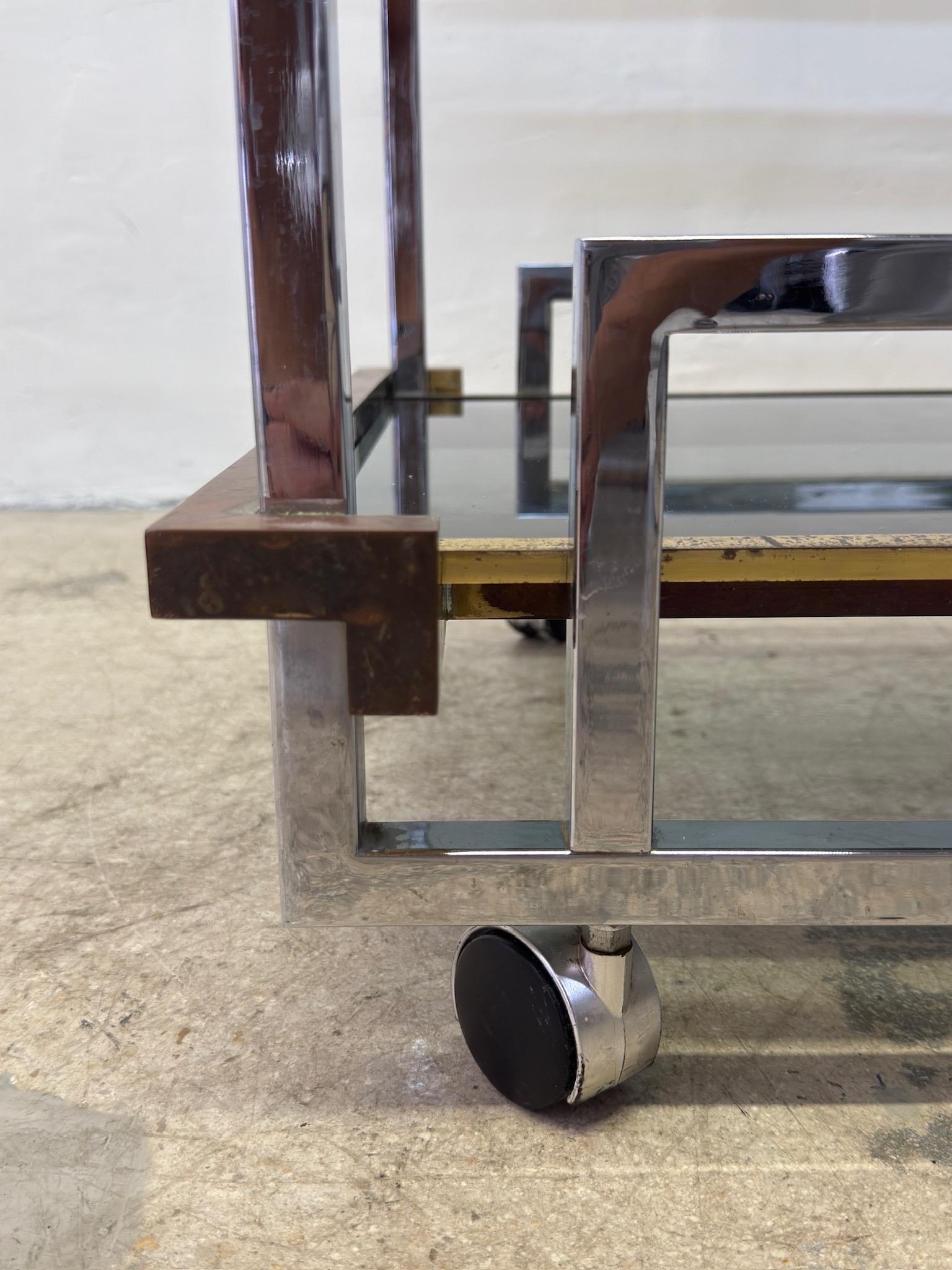 Willy Rizzo Mixed Metal Two Level Smoked Glass Bar Cart or Trolley, Italy 1970s For Sale 9