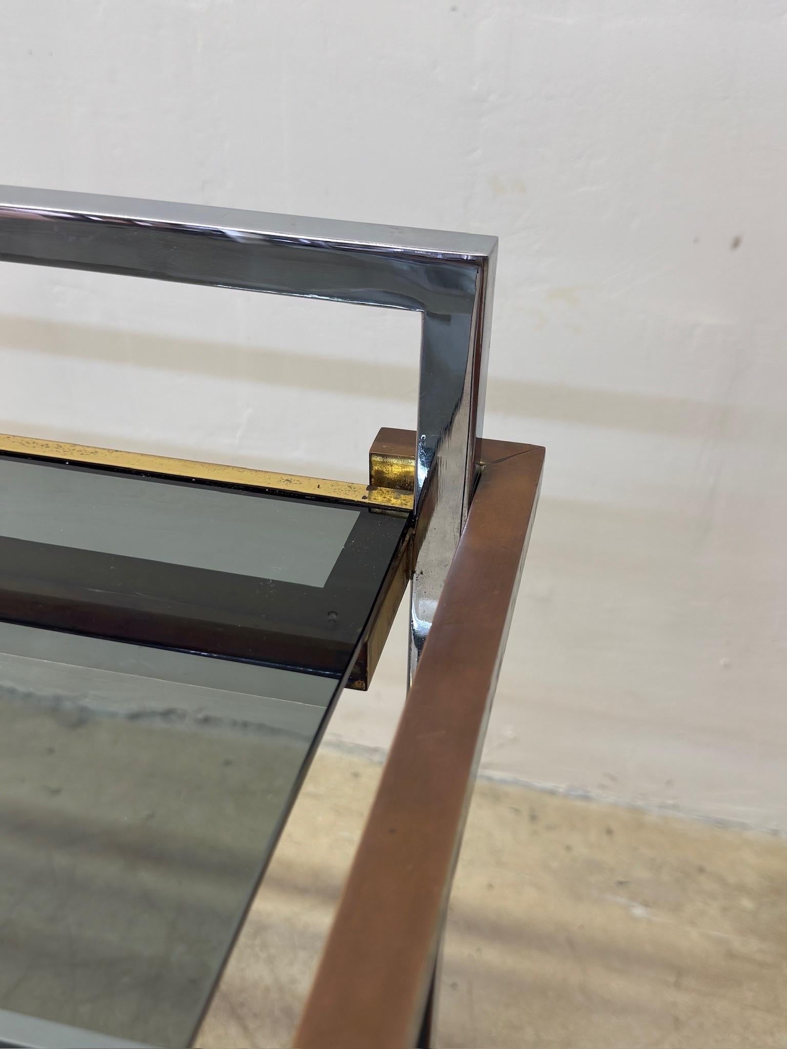 Willy Rizzo Mixed Metal Two Level Smoked Glass Bar Cart or Trolley, Italy 1970s For Sale 10
