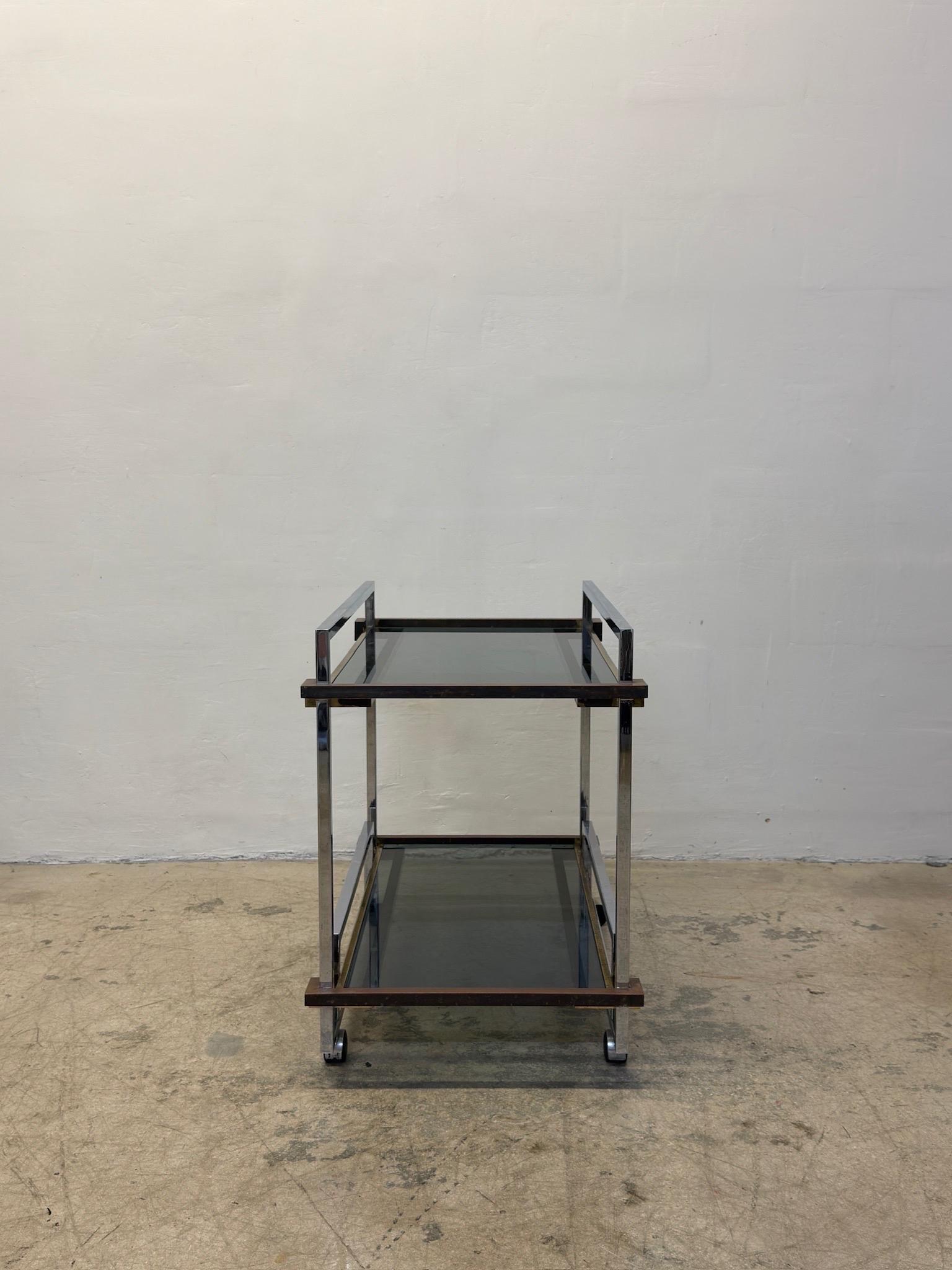 Mid-Century Modern Willy Rizzo Mixed Metal Two Level Smoked Glass Bar Cart or Trolley, Italy 1970s For Sale