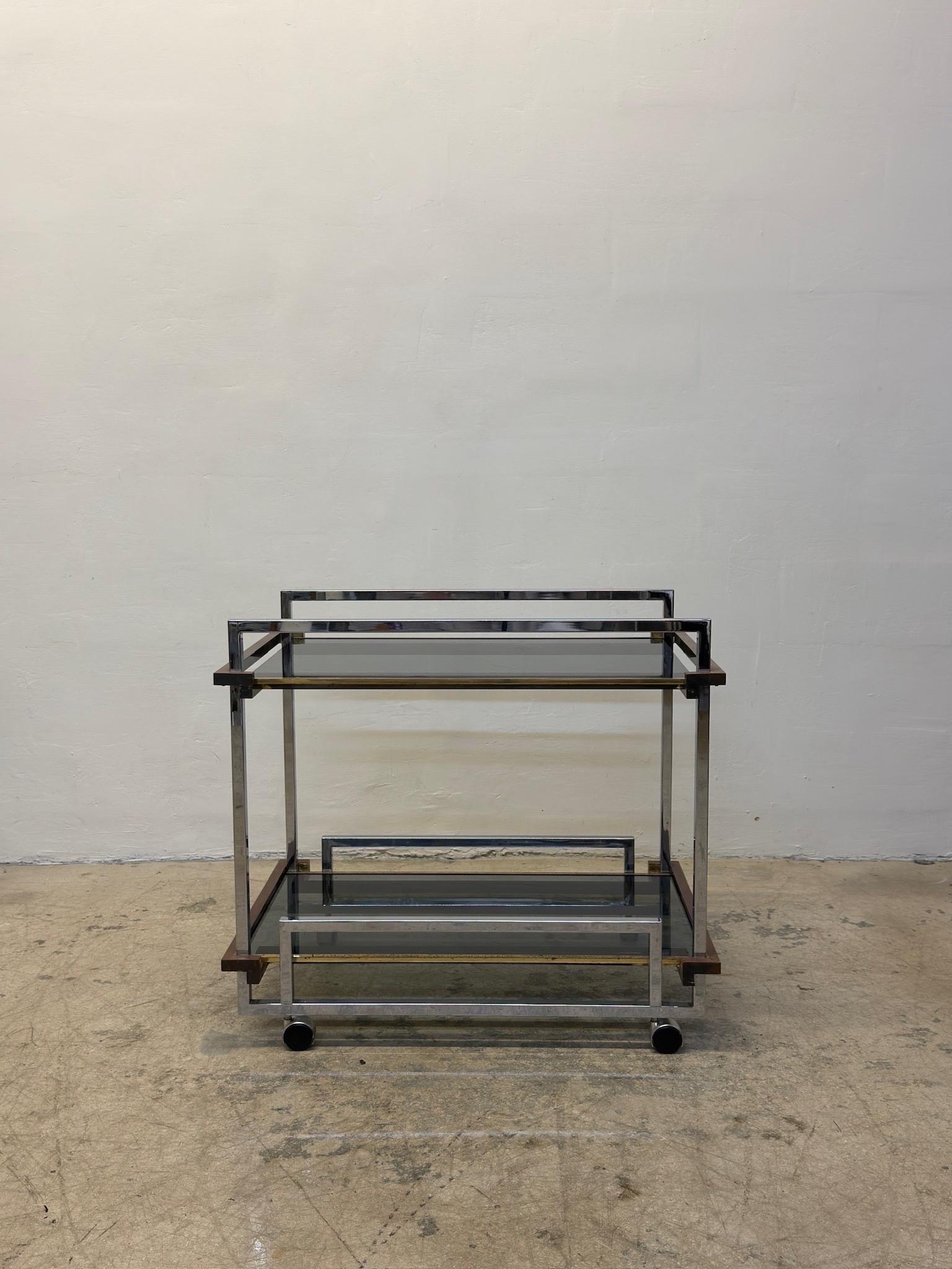 Italian Willy Rizzo Mixed Metal Two Level Smoked Glass Bar Cart or Trolley, Italy 1970s For Sale