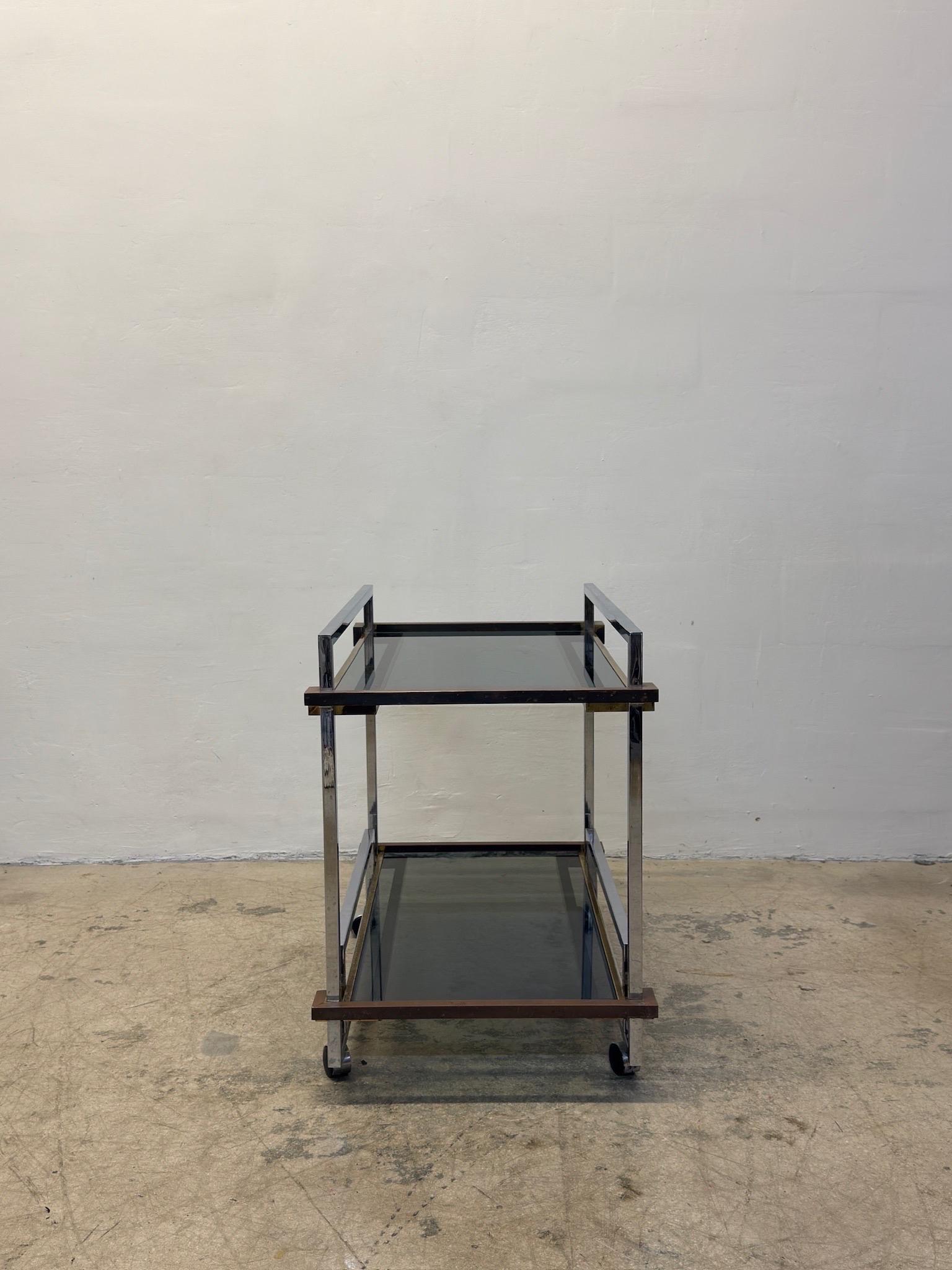 20th Century Willy Rizzo Mixed Metal Two Level Smoked Glass Bar Cart or Trolley, Italy 1970s For Sale