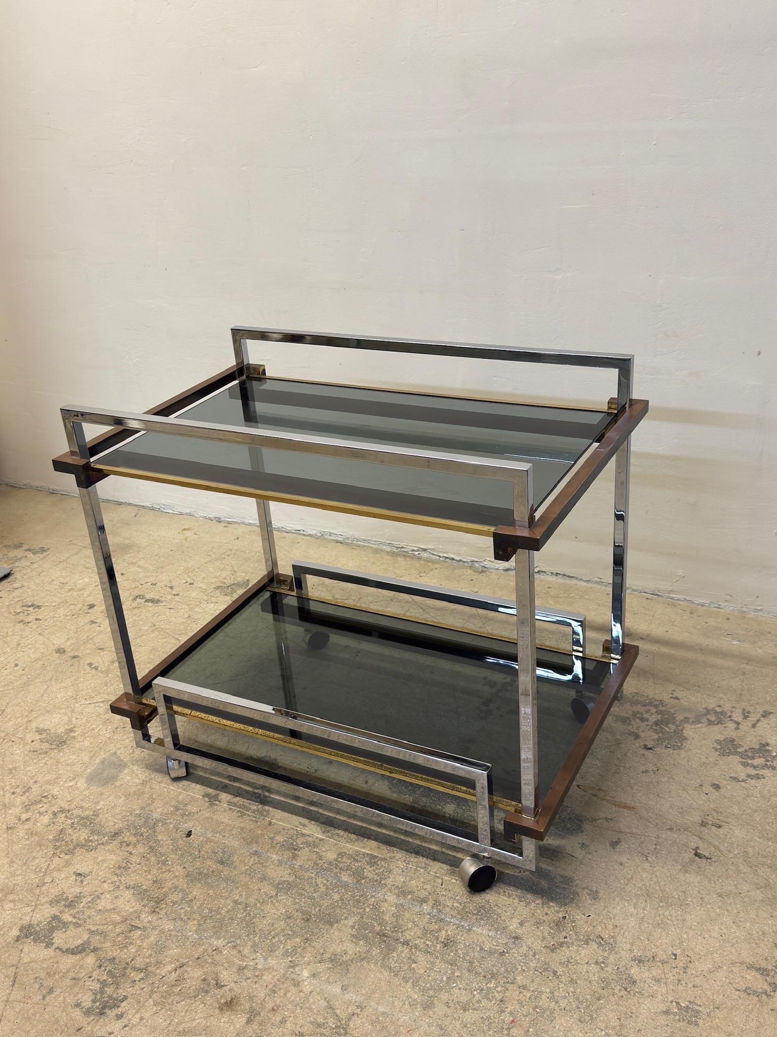 Brass Willy Rizzo Mixed Metal Two Level Smoked Glass Bar Cart or Trolley, Italy 1970s For Sale