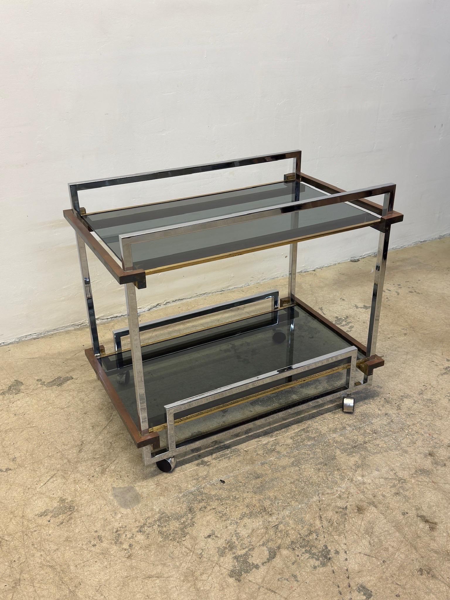 Willy Rizzo Mixed Metal Two Level Smoked Glass Bar Cart or Trolley, Italy 1970s For Sale 1