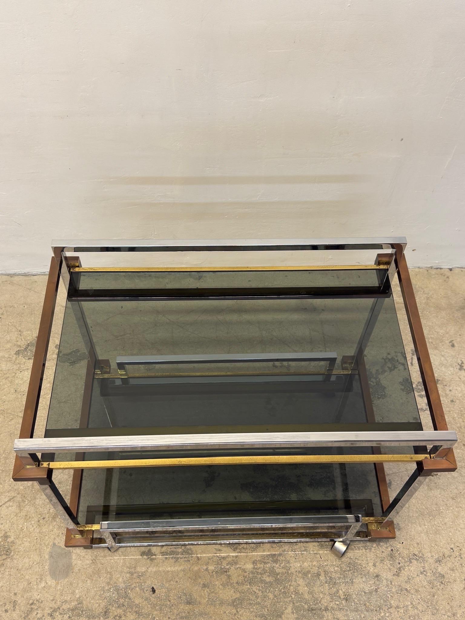 Willy Rizzo Mixed Metal Two Level Smoked Glass Bar Cart or Trolley, Italy 1970s For Sale 2