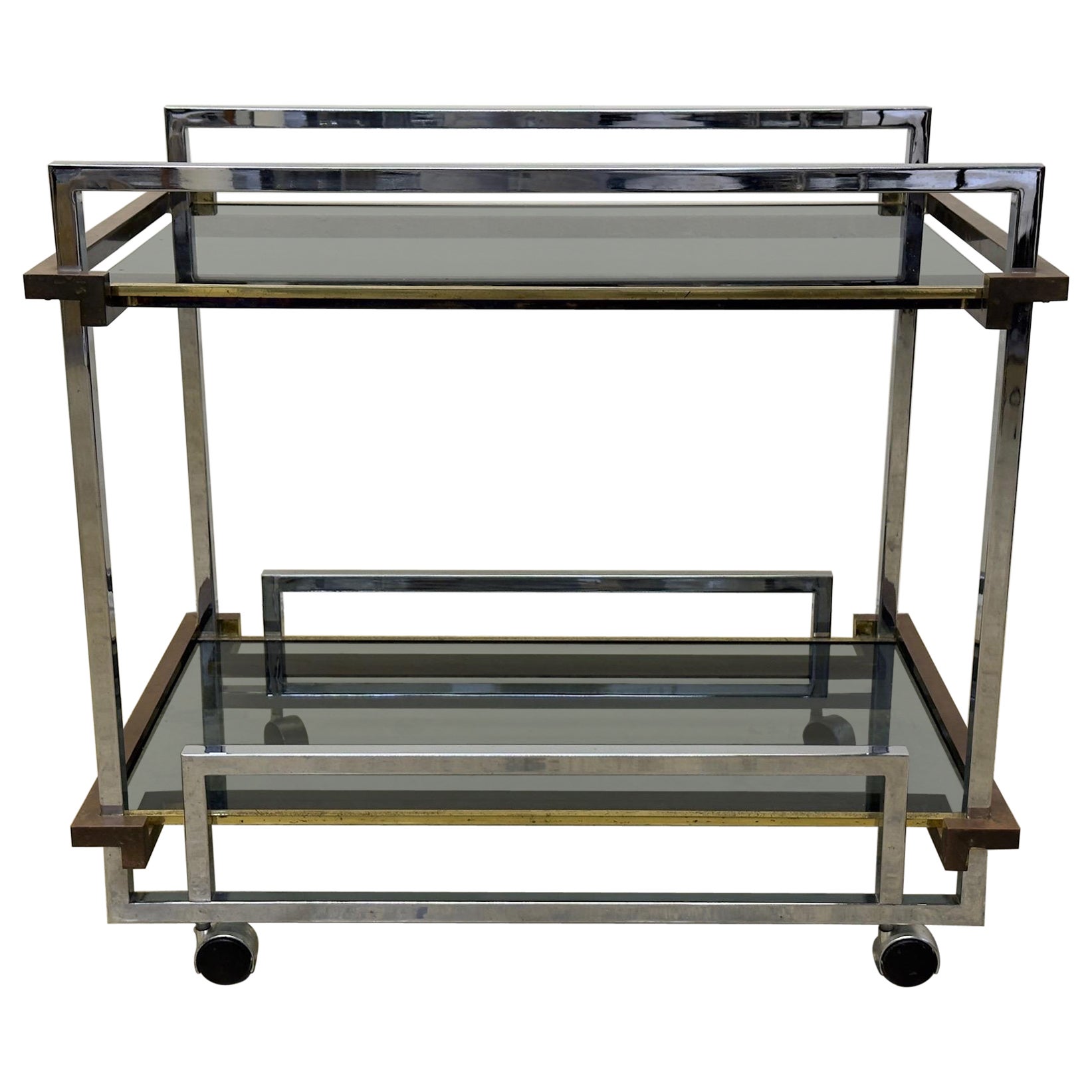 Willy Rizzo Mixed Metal Two Level Smoked Glass Bar Cart or Trolley, Italy 1970s For Sale