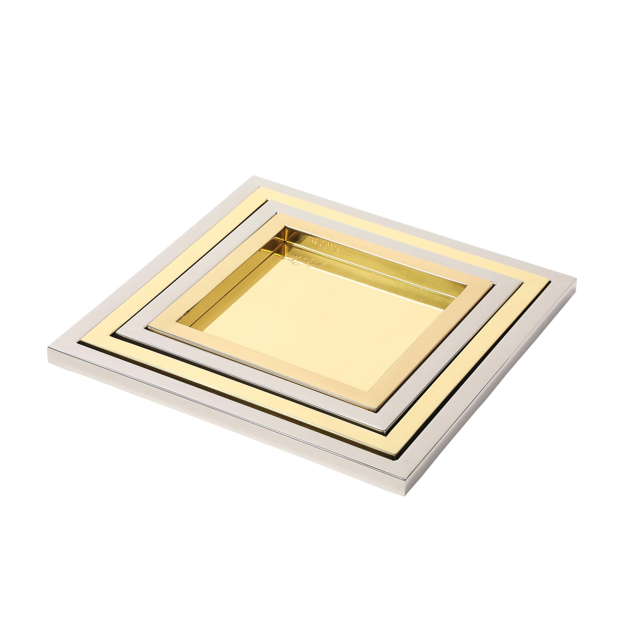 Italian Willy Rizzo Nesting Trays, Brass, Stainless Steel, Signed For Sale