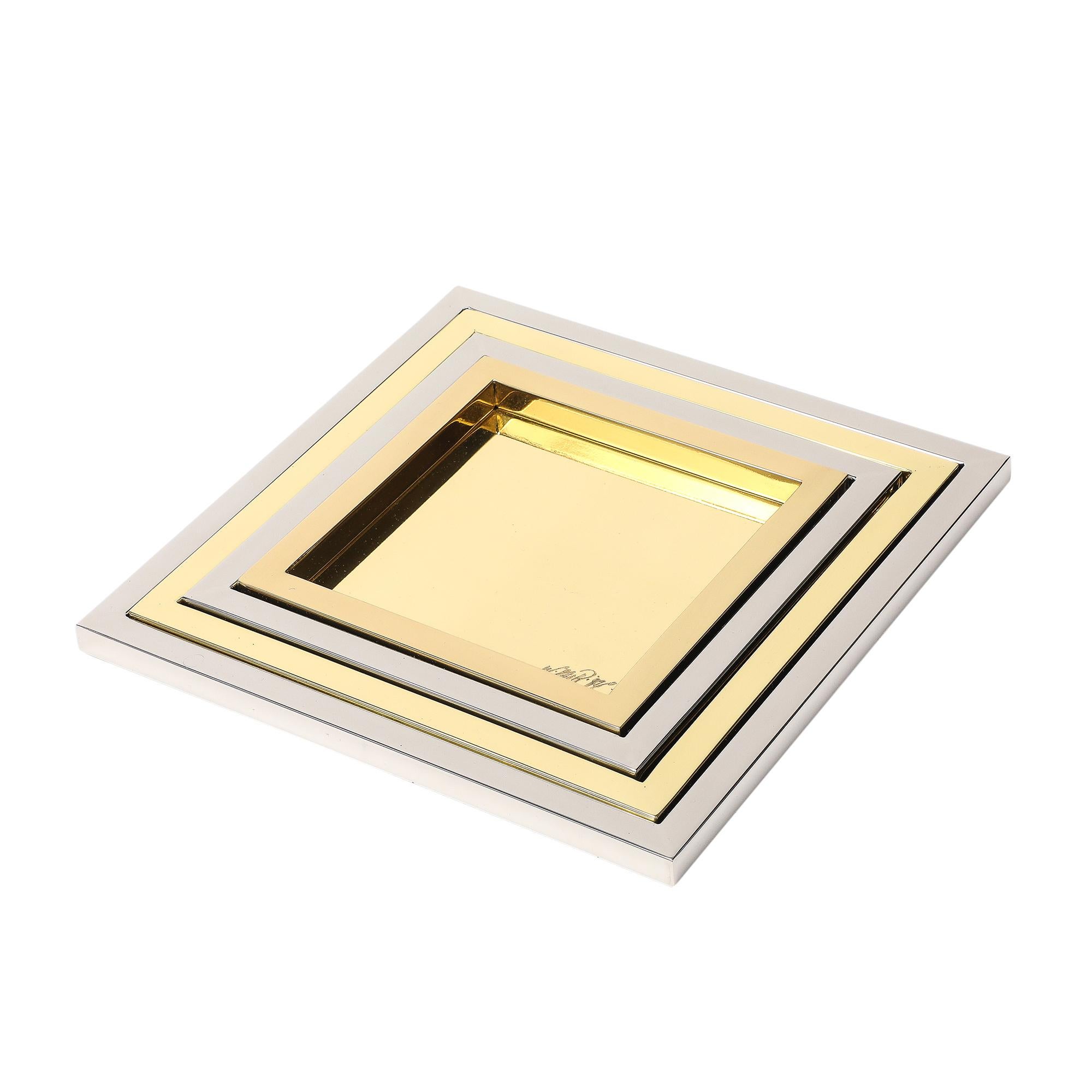 Polished Willy Rizzo Nesting Trays, Brass, Stainless Steel, Signed For Sale