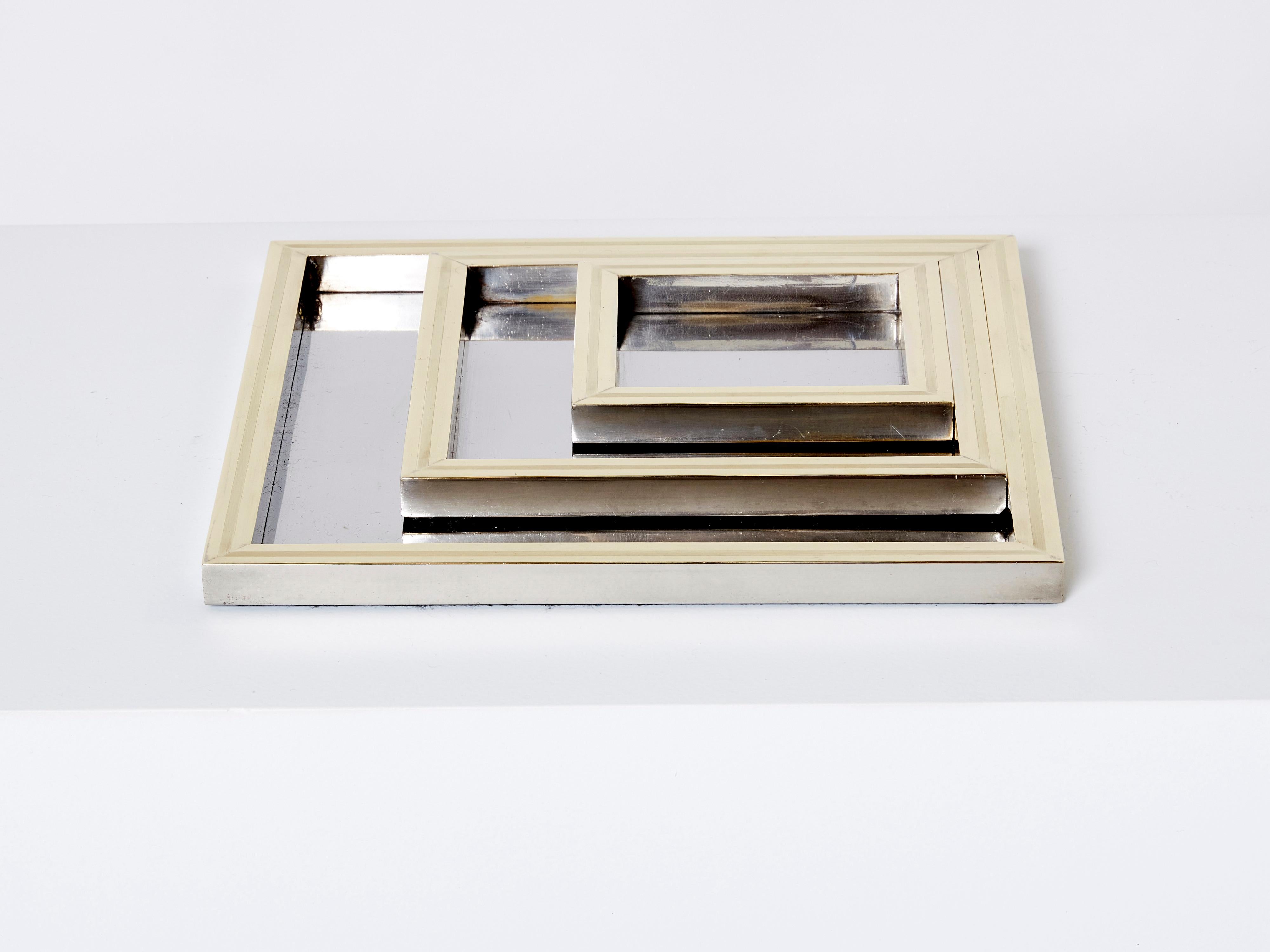 Mid-Century Modern Willy Rizzo Nesting Trays Serving Pieces in Steel and Brass 1970s For Sale