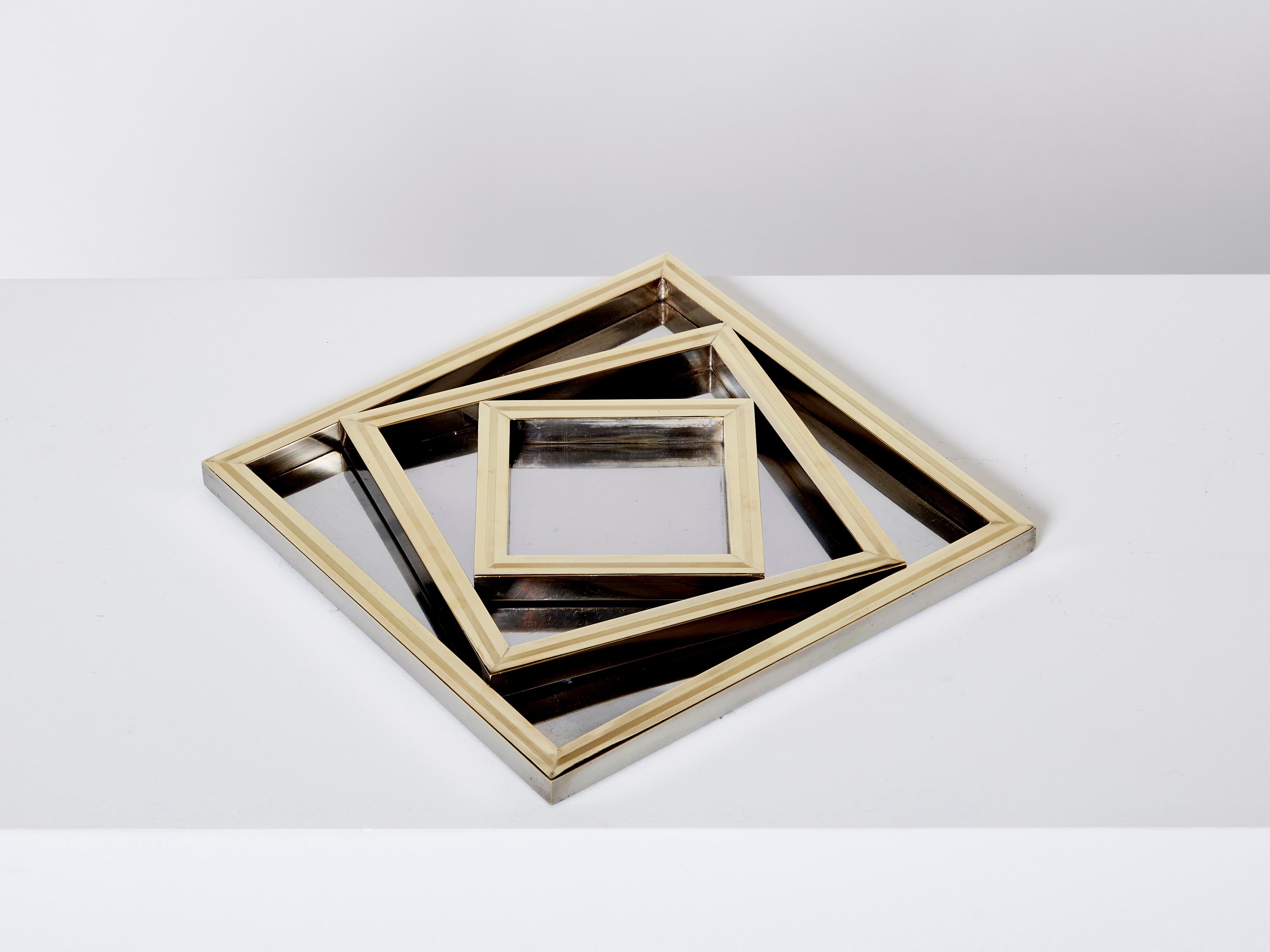 Italian Willy Rizzo Nesting Trays Serving Pieces in Steel and Brass 1970s For Sale