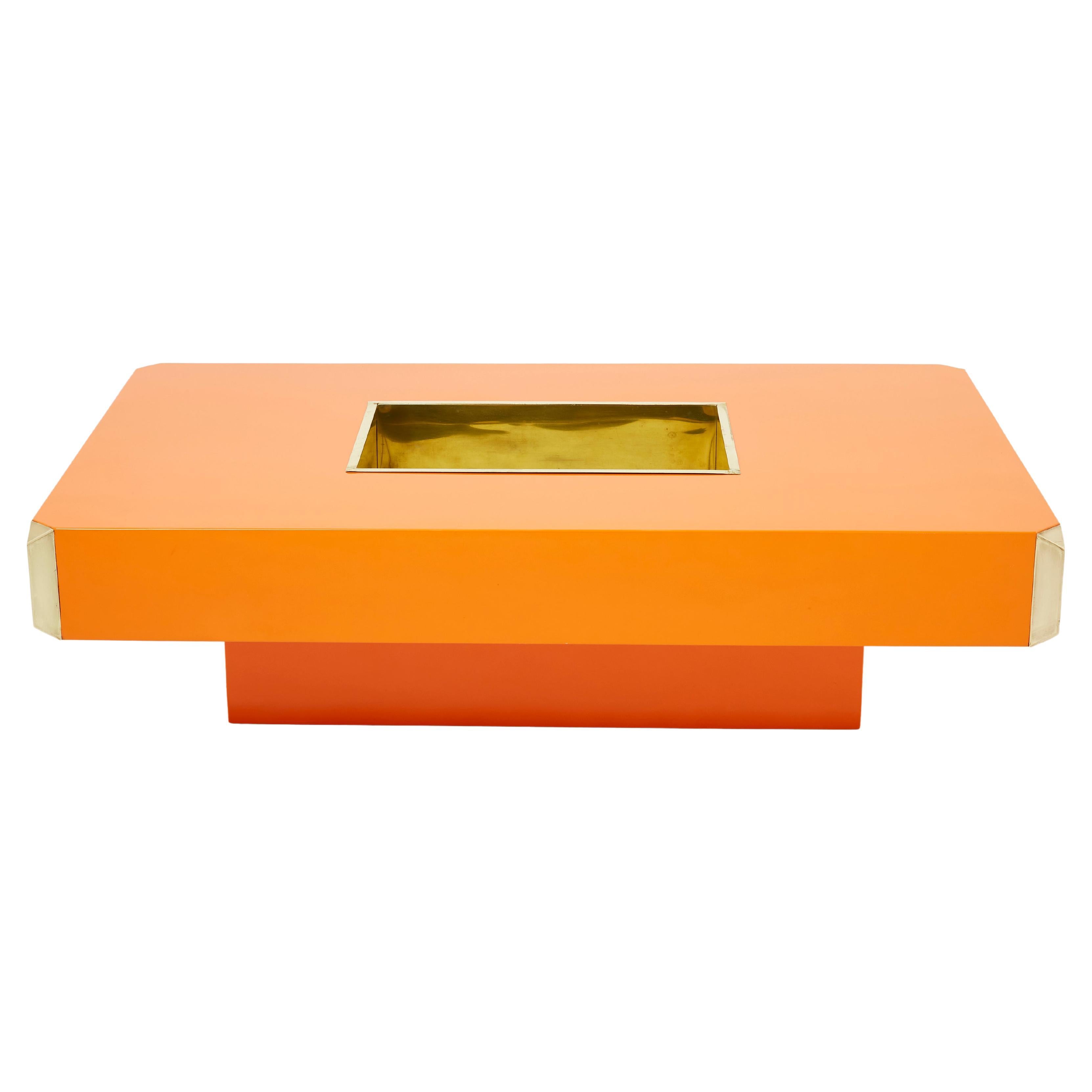 Willy Rizzo Orange Lacquer and Brass Bar Coffee Table Alveo, 1970s