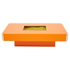 Vintage Willy Rizzo Orange Lacquer and Brass Bar Coffee Table Alveo, 1970s
