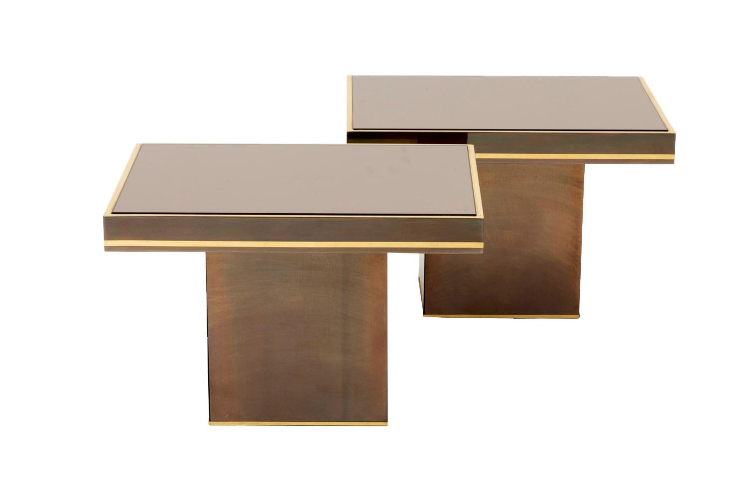 European Willy Rizzo, Pair of End Tables in Coppered Mirrors, 1980s
