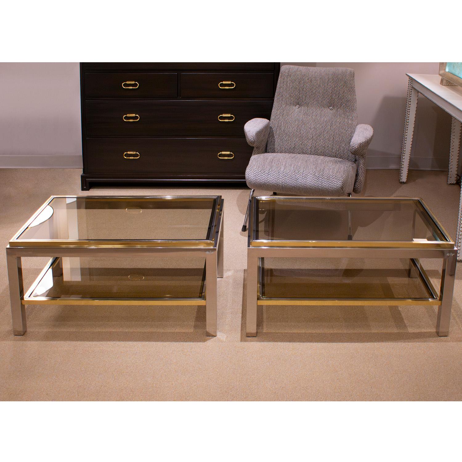 Laiton Willy Rizzo Paire de tables basses Flaminia en chrome et laiton 1970 (Signé) en vente